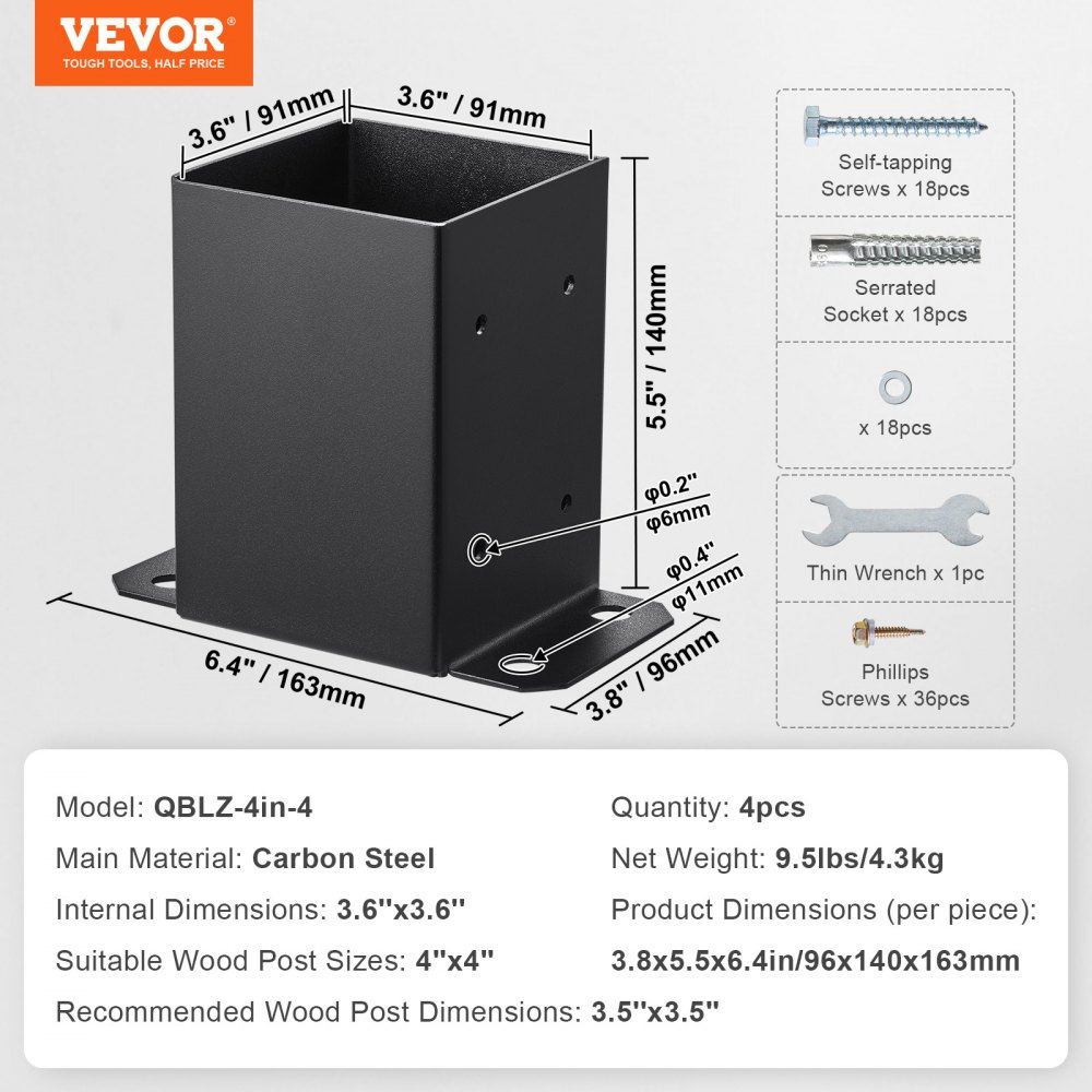 VEVOR Zestaw 4 tulei śrubowych 96 x 140 x 163 mm Podstawa słupka ze stali węglowej z powłoką natryskową Montaż na betonowych lub drewnianych podłogach Słupki słupkowe Idealne do pergoli, werand i balustrad
