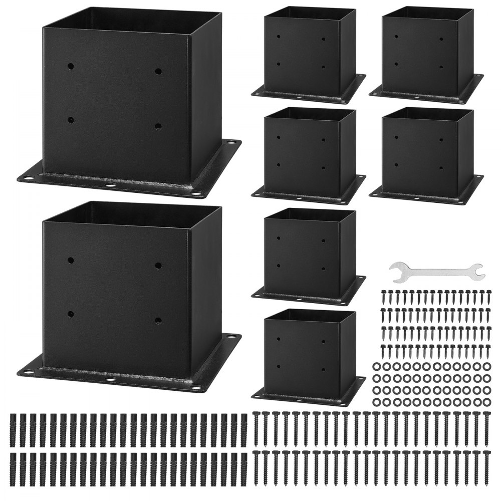 Wsporniki słupków VEVOR, 8 sztuk, wymiary wewnętrzne 92 x 92 mm do słupków 88,9 x 88,9 mm, solidne gniazdo uziemiające ze stali węglowej, idealne do balustrad altan i tarasów, podstawa podtrzymująca taras, kolor czarny