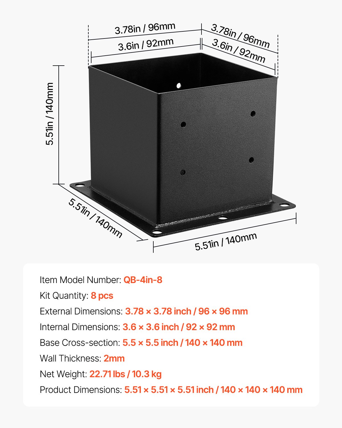 Wsporniki słupków VEVOR, 8 sztuk, wymiary wewnętrzne 92 x 92 mm do słupków 88,9 x 88,9 mm, solidne gniazdo uziemiające ze stali węglowej, idealne do balustrad altan i tarasów, podstawa podtrzymująca taras, kolor czarny