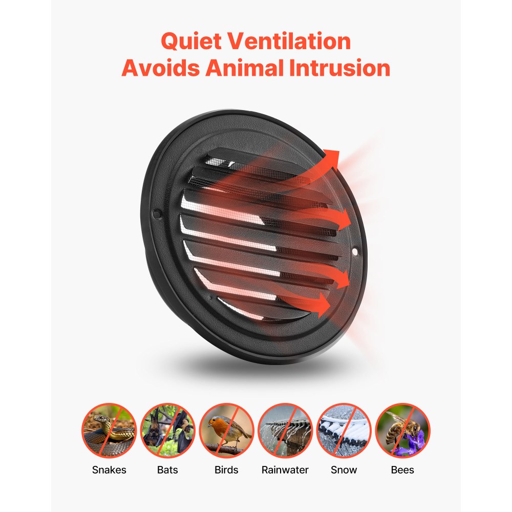 VEVOR 97 mm, żaluzjowa, okrągła pokrywa otworu wentylacyjnego, szczytowa, ze stali nierdzewnej premium i wbudowaną siatką ochronną, do domu, łazienki, garażu, kuchni i piwnicy (opakowanie 2 szt., kolor czarny)