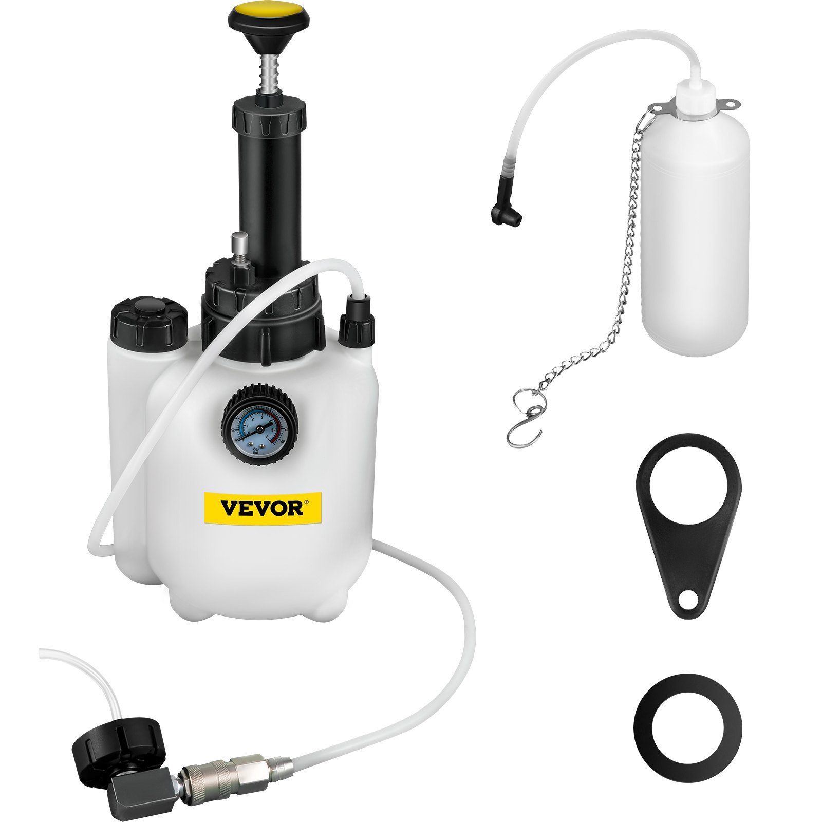 Urządzenie do odpowietrzania hamulców VEVOR Plastikowe urządzenie do odpowietrzania hamulców 3L z butelką do odpowietrzania hamulców 1L i adapterem Pasuje do większości europejskich modeli samochodów Urządzenie do wymiany płynu hamulcowego