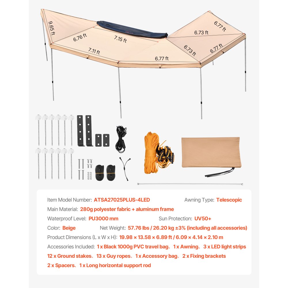 Markiza samochodowa VEVOR, 6,09 x 4,14 x 2,1 m, 270°, z wbudowanym oświetleniem LED, osłona przeciwsłoneczna, markiza boczna UV50+, wolnostojąca markiza samochodowa na każdą pogodę, osłona przeciwsłoneczna do SUV-ów i ciężarówek podczas biwakowania