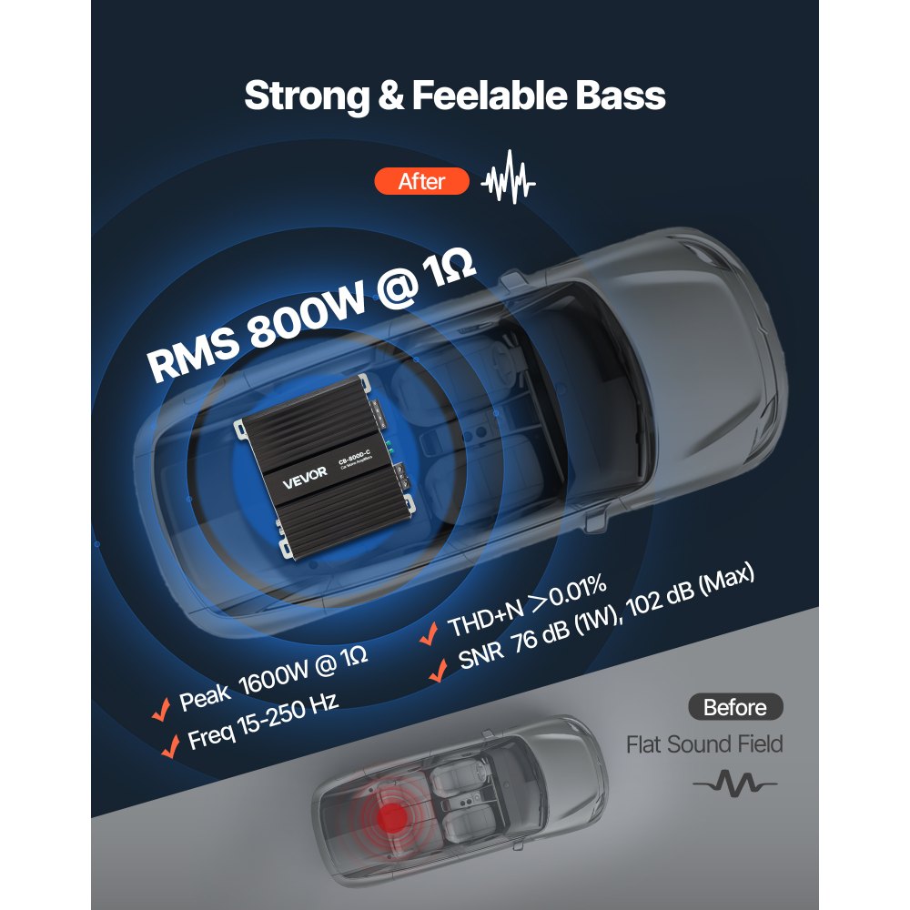 Wzmacniacz samochodowy VEVOR Monoblock o mocy 800 W RMS, maks. 1/2/4 Ohm, wzmacniacz audio (klasa D) ze zdalnym sterowaniem poziomem subwoofera, filtrem dolnoprzepustowym, wzmocnieniem basów, przesunięciem fazowym i regulacją głośności
