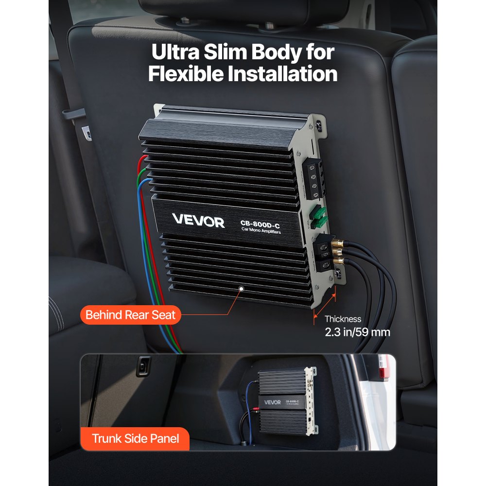 Wzmacniacz samochodowy VEVOR Monoblock o mocy 800 W RMS, maks. 1/2/4 Ohm, wzmacniacz audio (klasa D) ze zdalnym sterowaniem poziomem subwoofera, filtrem dolnoprzepustowym, wzmocnieniem basów, przesunięciem fazowym i regulacją głośności