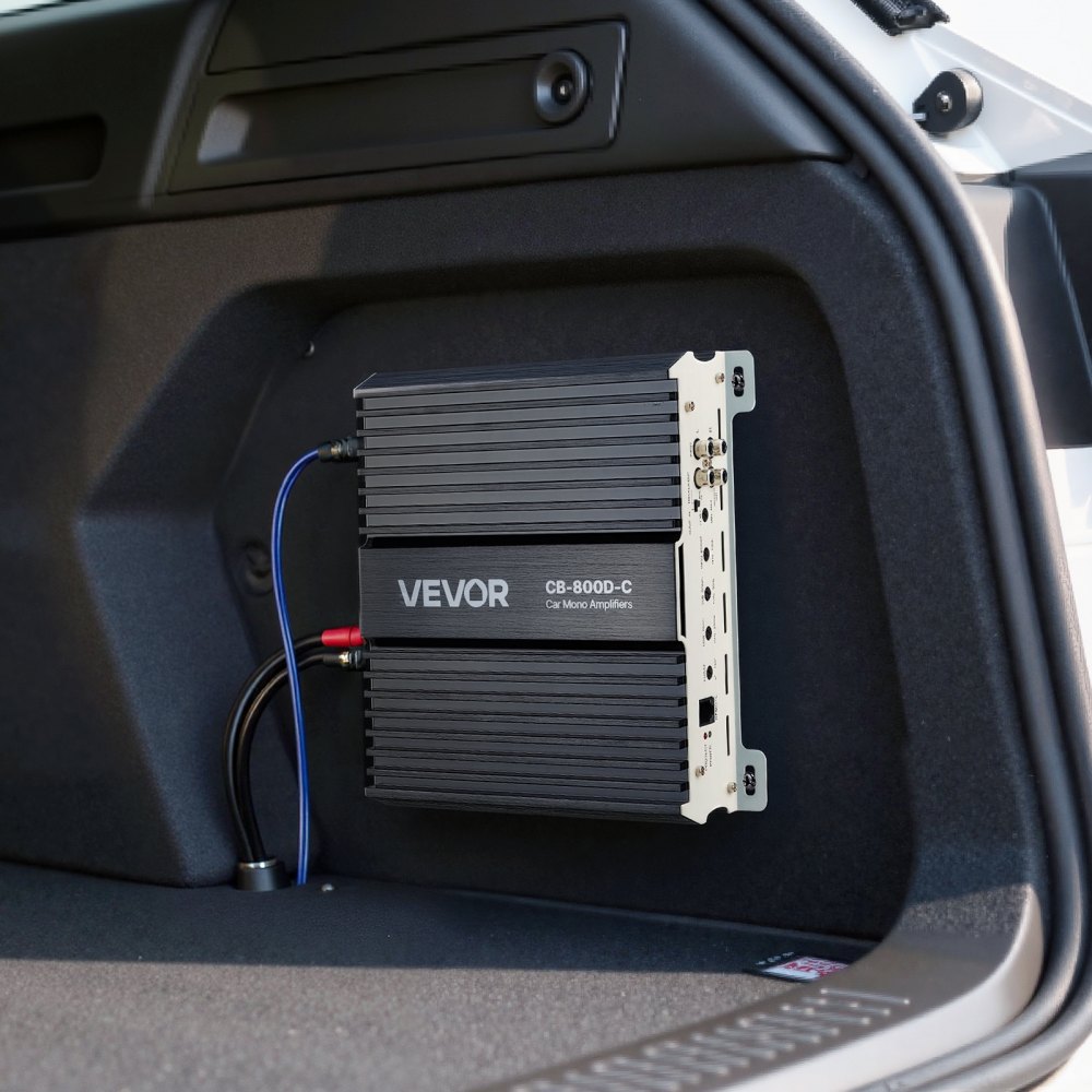 Wzmacniacz samochodowy VEVOR Monoblock o mocy 800 W RMS, maks. 1/2/4 Ohm, wzmacniacz audio (klasa D) ze zdalnym sterowaniem poziomem subwoofera, filtrem dolnoprzepustowym, wzmocnieniem basów, przesunięciem fazowym i regulacją głośności