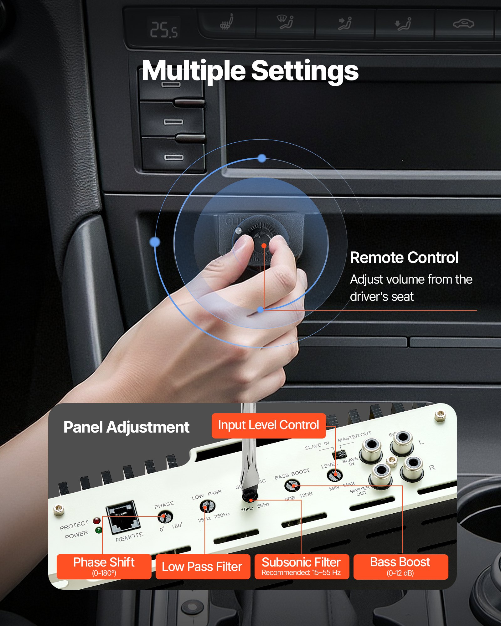 Wzmacniacz samochodowy VEVOR Monoblock o mocy 800 W RMS, maks. 1/2/4 Ohm, wzmacniacz audio (klasa D) ze zdalnym sterowaniem poziomem subwoofera, filtrem dolnoprzepustowym, wzmocnieniem basów, przesunięciem fazowym i regulacją głośności