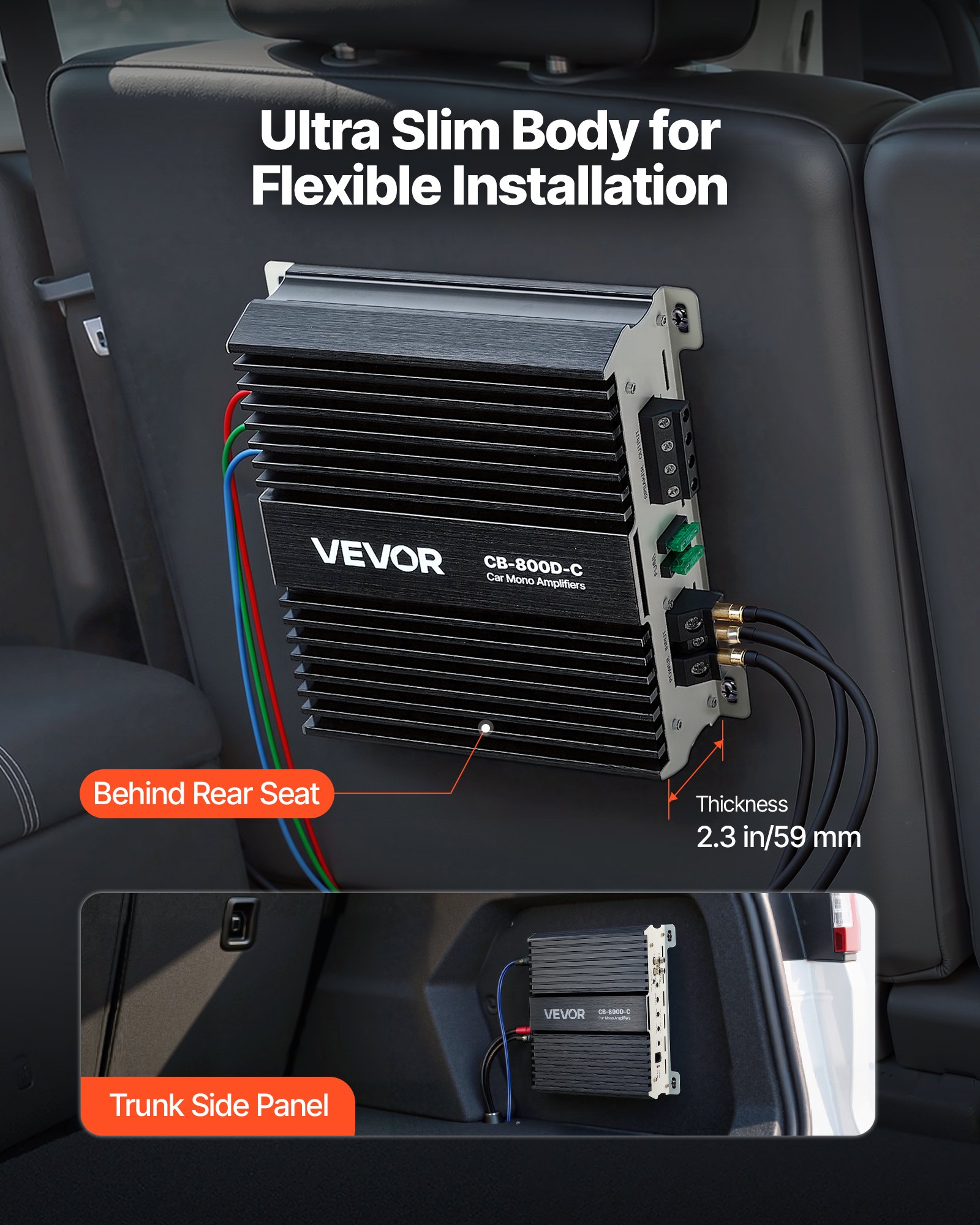Wzmacniacz samochodowy VEVOR Monoblock o mocy 800 W RMS, maks. 1/2/4 Ohm, wzmacniacz audio (klasa D) ze zdalnym sterowaniem poziomem subwoofera, filtrem dolnoprzepustowym, wzmocnieniem basów, przesunięciem fazowym i regulacją głośności