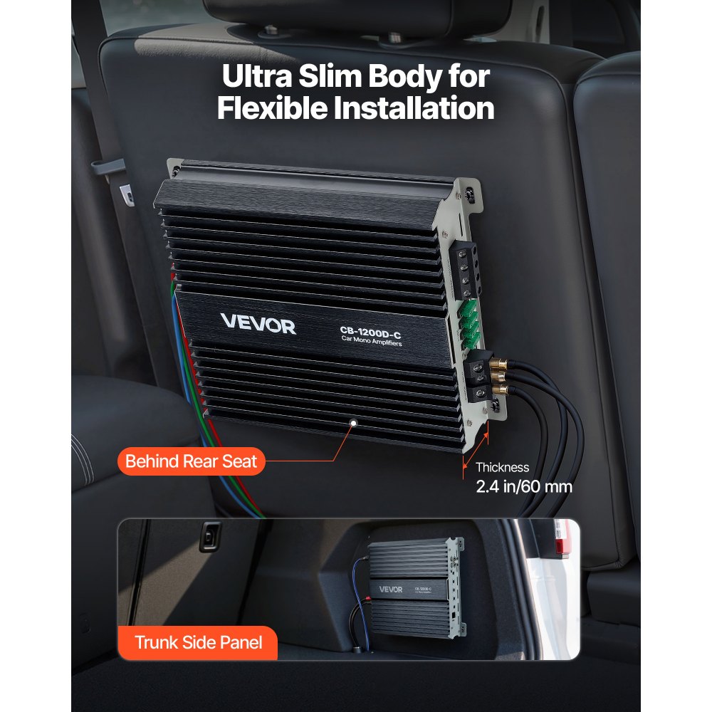 Wzmacniacz samochodowy VEVOR Monoblock 1200 W RMS MAX 1/2/4 Ohm, wzmacniacz audio (klasa D) ze zdalnym sterowaniem poziomem subwoofera, filtrem dolnoprzepustowym, wzmocnieniem basów, przesunięciem fazowym i regulacją głośności