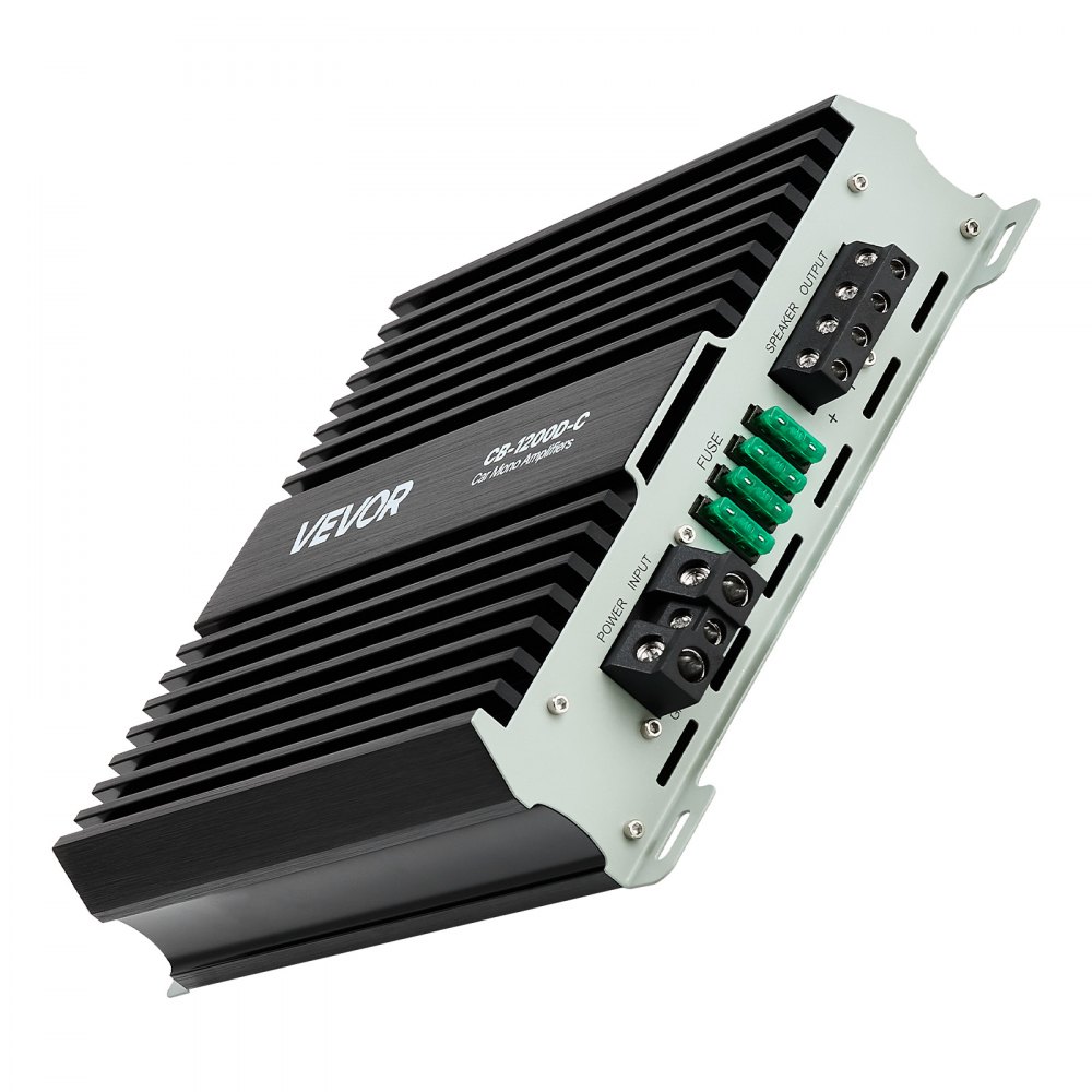 Wzmacniacz samochodowy VEVOR Monoblock 1200 W RMS MAX 1/2/4 Ohm, wzmacniacz audio (klasa D) ze zdalnym sterowaniem poziomem subwoofera, filtrem dolnoprzepustowym, wzmocnieniem basów, przesunięciem fazowym i regulacją głośności