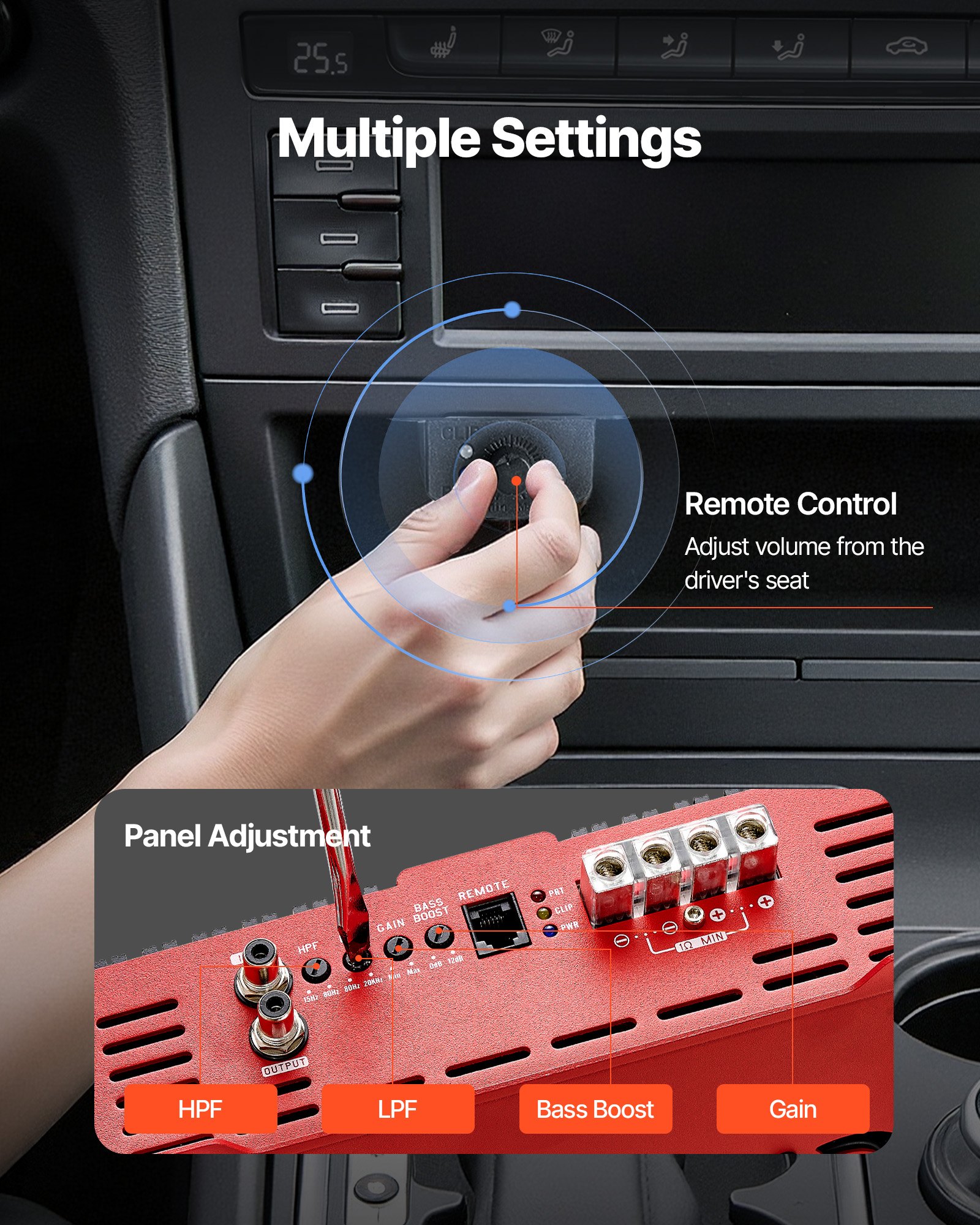Wzmacniacz samochodowy VEVOR Monoblock 3000 W RMS MAX 1/2/4 Ohm, wzmacniacz audio (klasa D / 1-kanałowy) ze zdalnym sterowaniem głośnością subwoofera, filtrem dolnoprzepustowym, wzmocnieniem basów i regulacją głośności