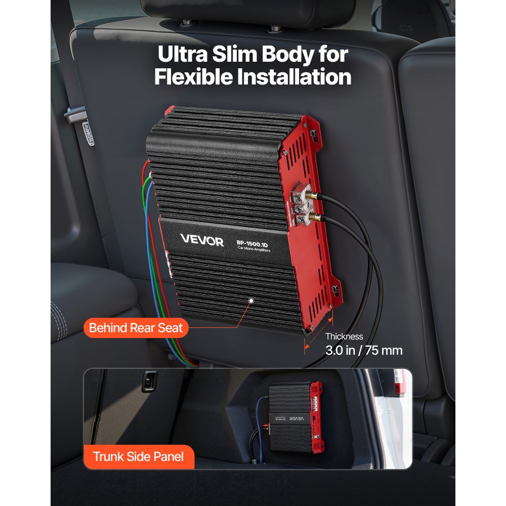 Wzmacniacz samochodowy VEVOR Monoblock 1500 W RMS MAX 1/2/4 Ohm, wzmacniacz audio (klasa D / 1-kanałowy) ze zdalnym sterowaniem głośnością subwoofera, filtrem dolnoprzepustowym, wzmocnieniem basów i regulacją głośności
