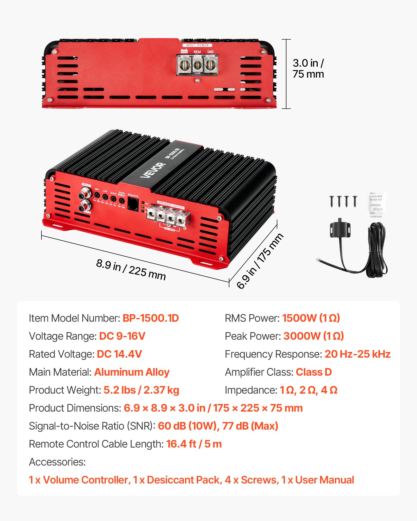 Wzmacniacz samochodowy VEVOR Monoblock 1500 W RMS MAX 1/2/4 Ohm, wzmacniacz audio (klasa D / 1-kanałowy) ze zdalnym sterowaniem głośnością subwoofera, filtrem dolnoprzepustowym, wzmocnieniem basów i regulacją głośności