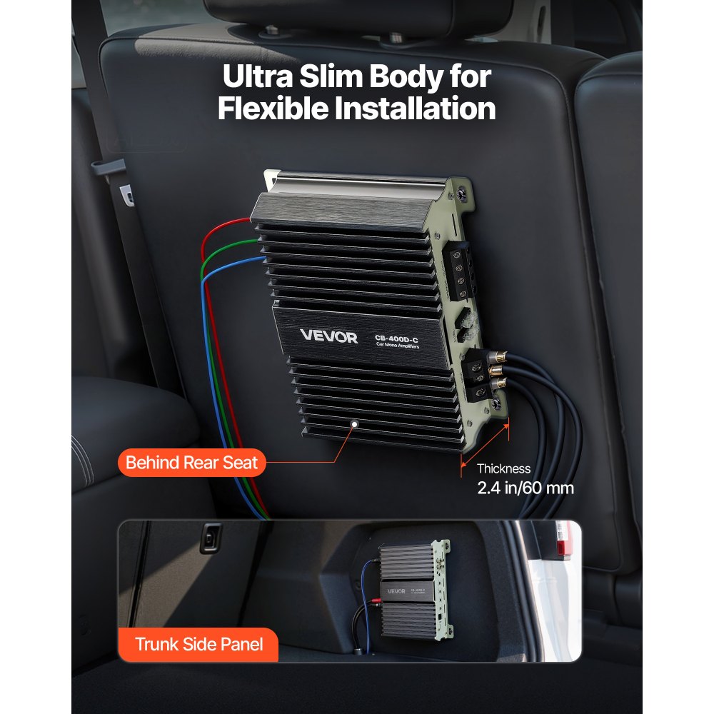 Wzmacniacz samochodowy VEVOR Monoblock 400 W RMS MAX 1/2/4 Ohm, wzmacniacz audio (klasa D) ze zdalnym sterowaniem poziomem subwoofera, filtrem dolnoprzepustowym, wzmocnieniem basów, przesunięciem fazowym i regulacją głośności