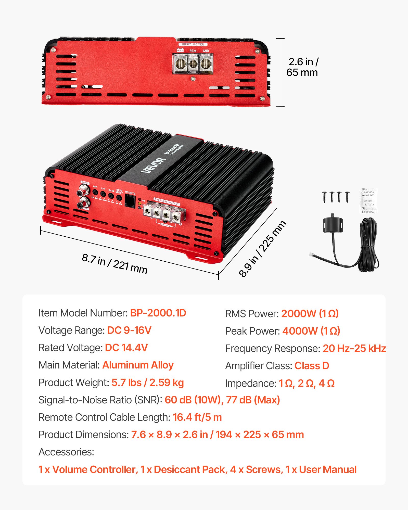 Wzmacniacz samochodowy VEVOR Monoblock 2000 W RMS MAX 1/2/4 Ohm, wzmacniacz audio (klasa D / 1-kanałowy) ze zdalnym sterowaniem głośnością subwoofera, filtrem dolnoprzepustowym, wzmocnieniem basów i regulacją głośności