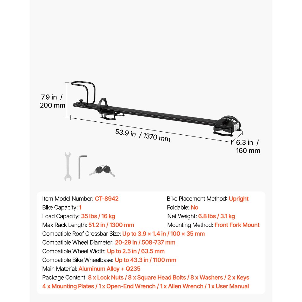 Uchwyt rowerowy dachowy VEVOR na 1 rower, stop aluminium, stal Q235, na krótkie wycieczki, wycieczki samochodowe, wycieczki rowerowe górskie i rodzinne kempingi, nośność 16 kg, montaż bez kontaktu z ramą