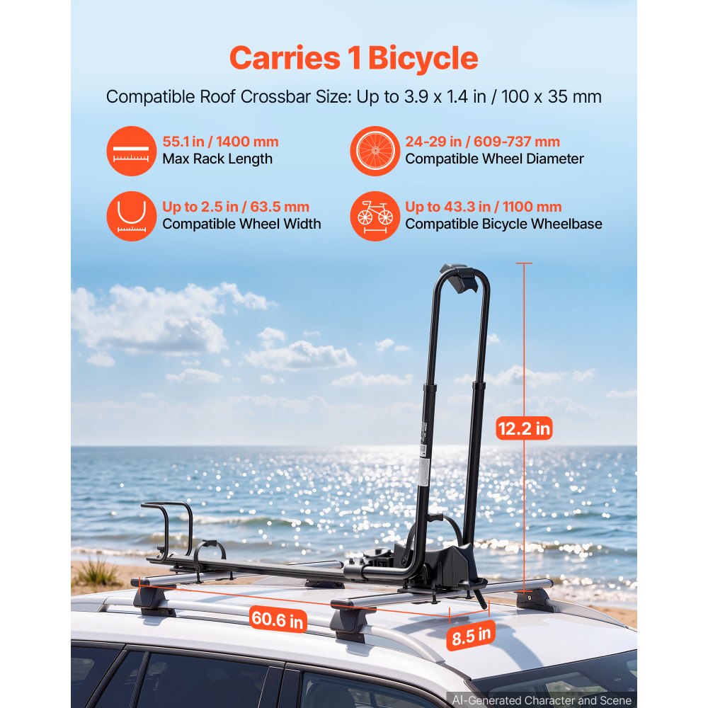 Uchwyt rowerowy VEVOR Upright na dach, na 1 rower, składany, nośność 20 kg, stop aluminium, stal Q235, z ramą – montaż bezkontaktowy, kompatybilny rozmiar bagażnika dachowego: do 100 x 35 mm