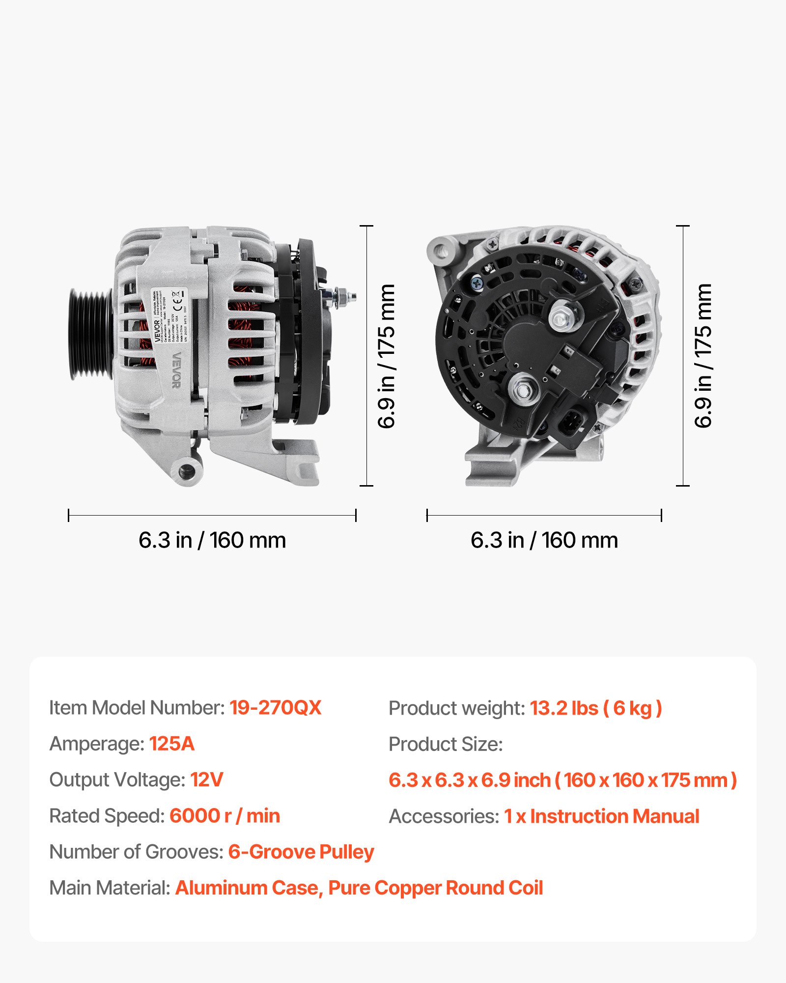 Alternator samochodowy VEVOR 11185 do modeli Chevrolet Impala LS, LT 3.5L 2006-2011, Impala LTZ 3.9L 2009-2010, Monte Carlo V6 2006-2007, alternator zamienny do samochodów 0124425102, 0124425032, 10335497