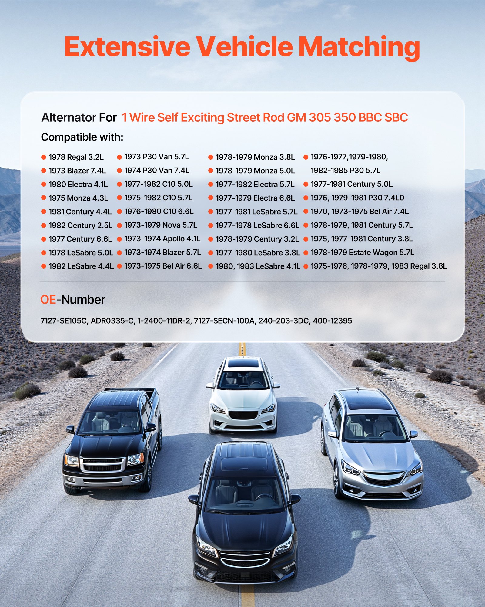 Alternator samochodowy VEVOR 7127-SE105C, do samowzbudnego silnika Street Rod 1-Wire GM 305 350 BBC SBC, Apollo 4.1L z lat 1973–1974, Century 2.5L z 1982 r., alternator zamienny do samochodów 1-2400-11DR-2, 7127-SECN-100A