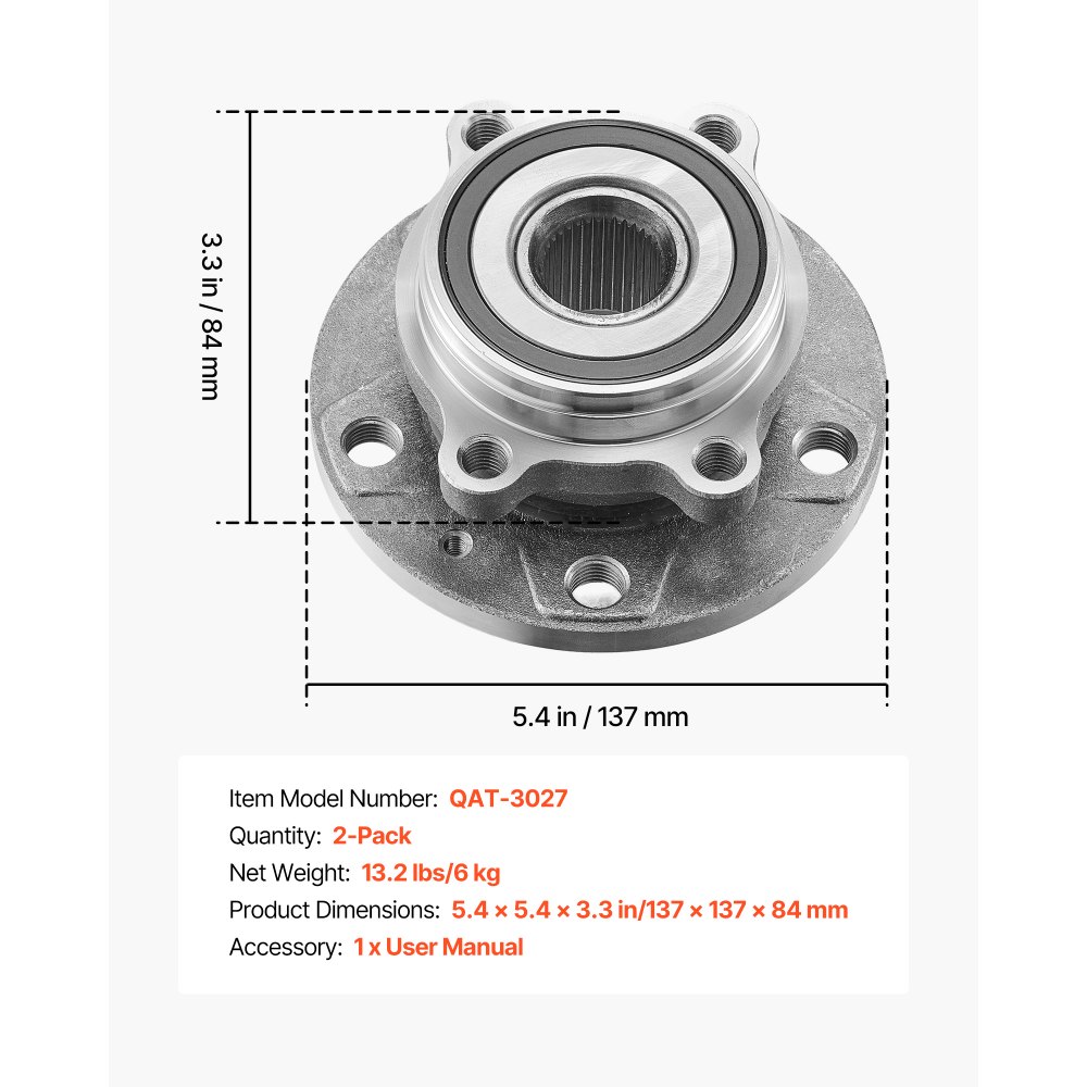 VEVOR 2PCS Front Wheel Bearing & Hub Assembly Fit for 2018 Audi Q3 Komfort Premium Plus Sport Utility 4-Door Volkswagen Beetle Coast Convertible 2-Door 2.0L OEM 513253, Wheel Bearing Hub Assembly Set