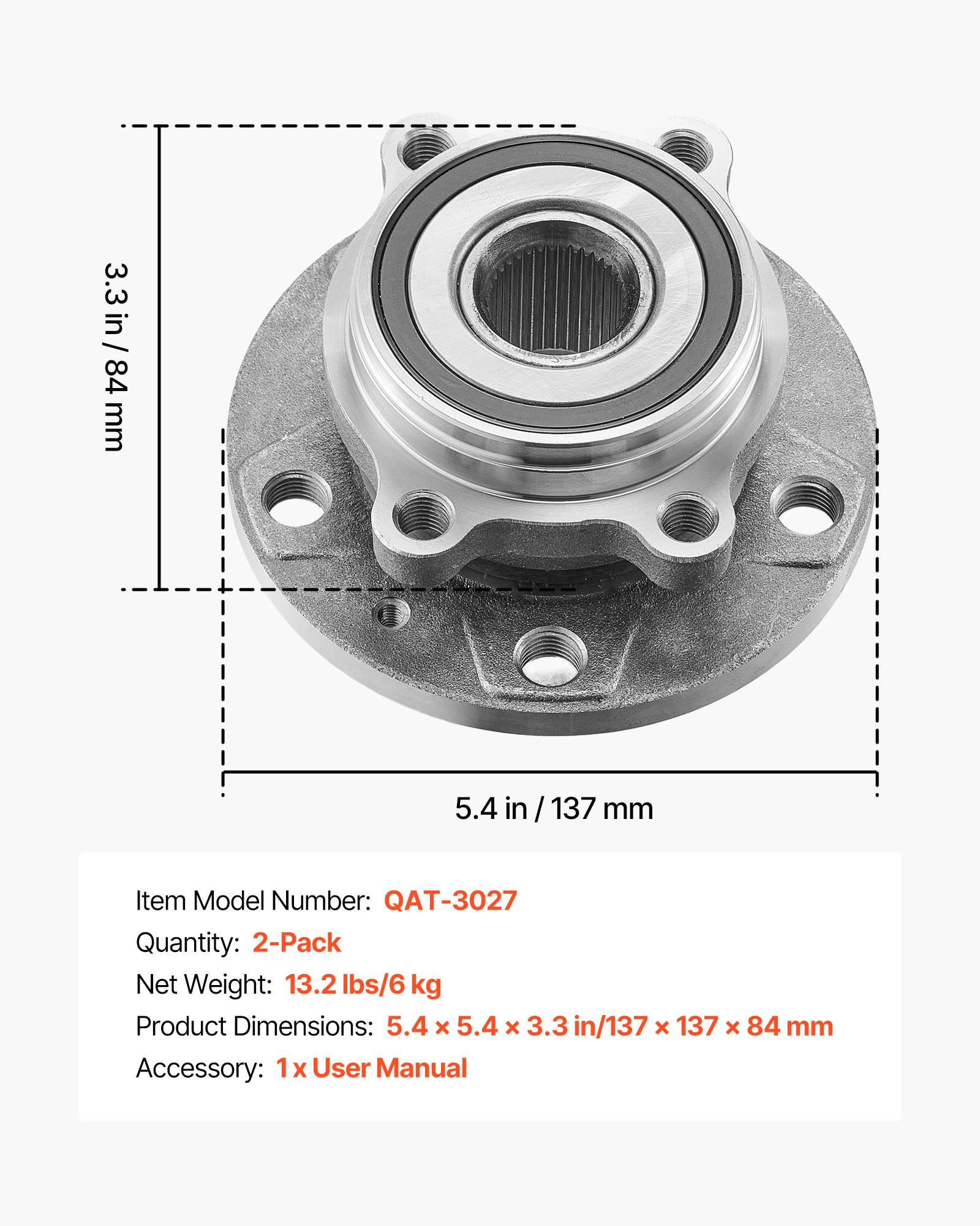 VEVOR 2-częściowy zestaw łożysk i piast kół przednich do Audi Q3 Komfort Premium Plus Sport Utility 4-drzwiowy z 2018 r., Volkswagen Beetle Coast Cabriolet 2-drzwiowy 2.0L OEM 513253, zestaw łożysk i piast kół