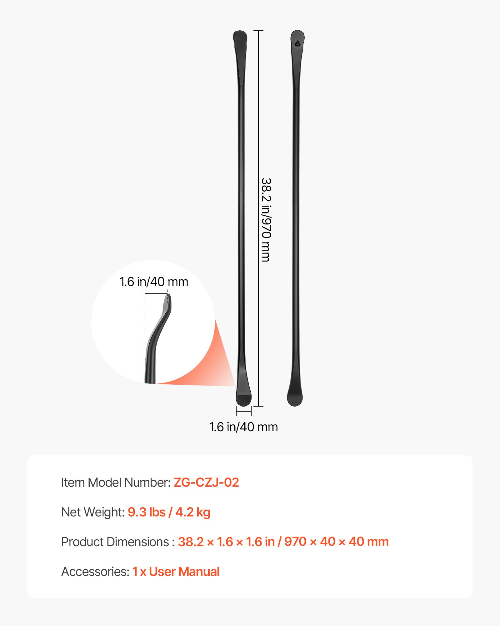 VEVOR Narzędzie do montażu opon Ręczna montażownica do opon 2 szt. Metalowa łyżka do opon 97 cm Łyżka do montażu i demontażu opon do mobilnych napraw samochodów uniwersalnych typów pojazdów na zewnątrz, czarna