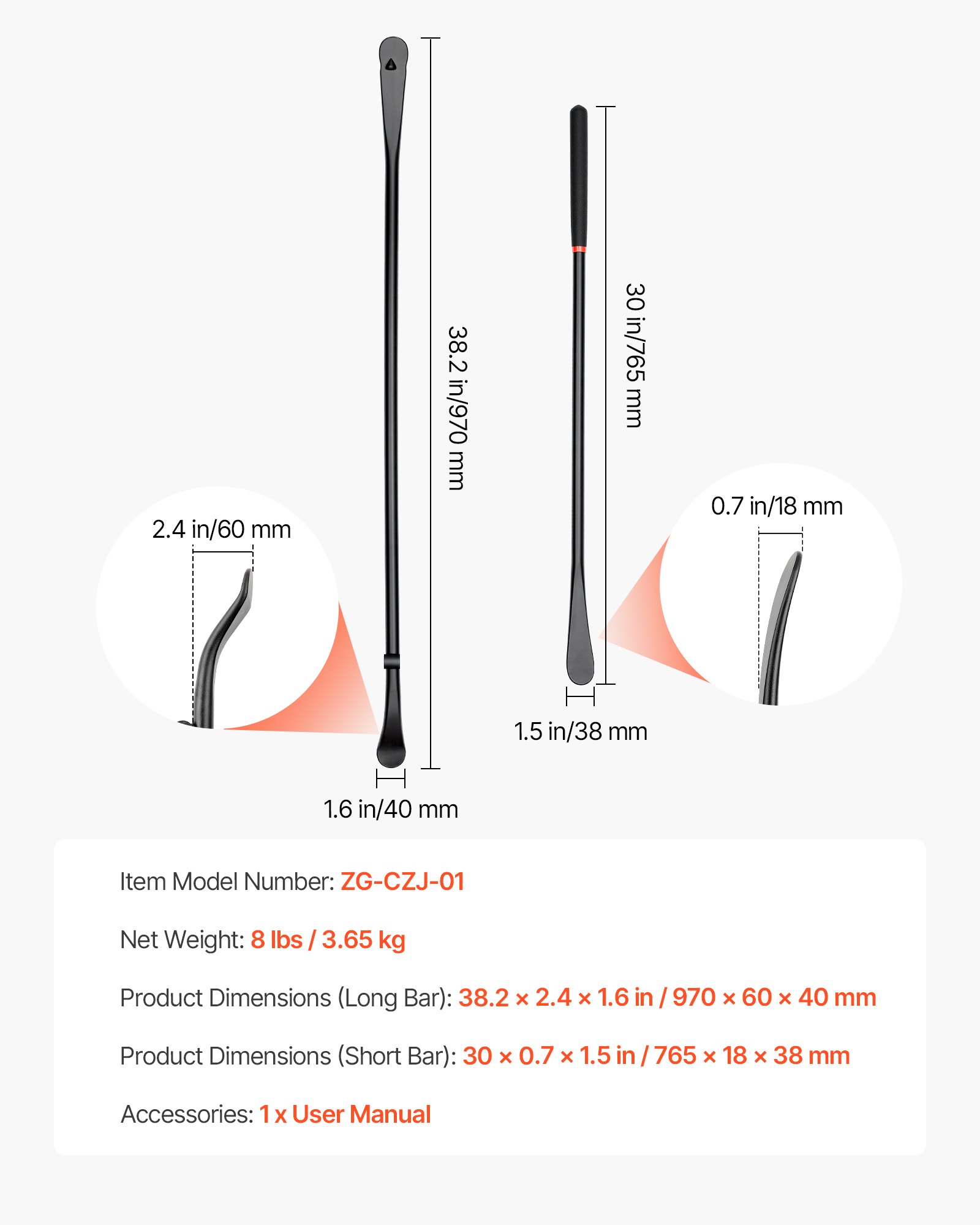 VEVOR Narzędzie do montażu opon Ręczna montażownica do opon 2 szt. Metalowe łyżki do opon 97 i 76,5 cm Łyżka do montażu i demontażu opon do mobilnych napraw samochodów uniwersalnych na zewnątrz