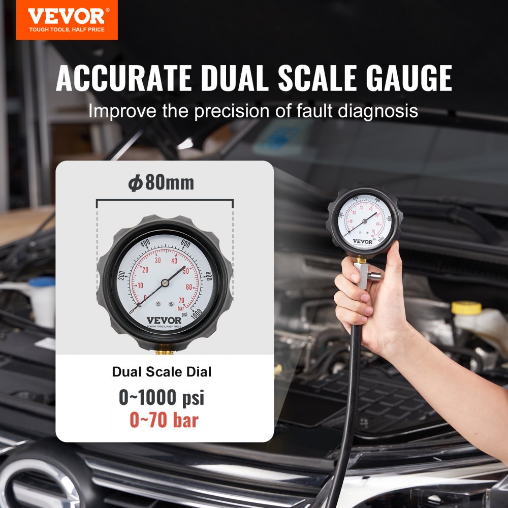 VEVOR Manometr kompresji Tester kompresji Urządzenie testowe do pomiaru kompresji Manometr kompresji z manometrem 80 mm Manometr kompresji 0-1000 PSI i 0-70 bar W zestawie 4 adaptery