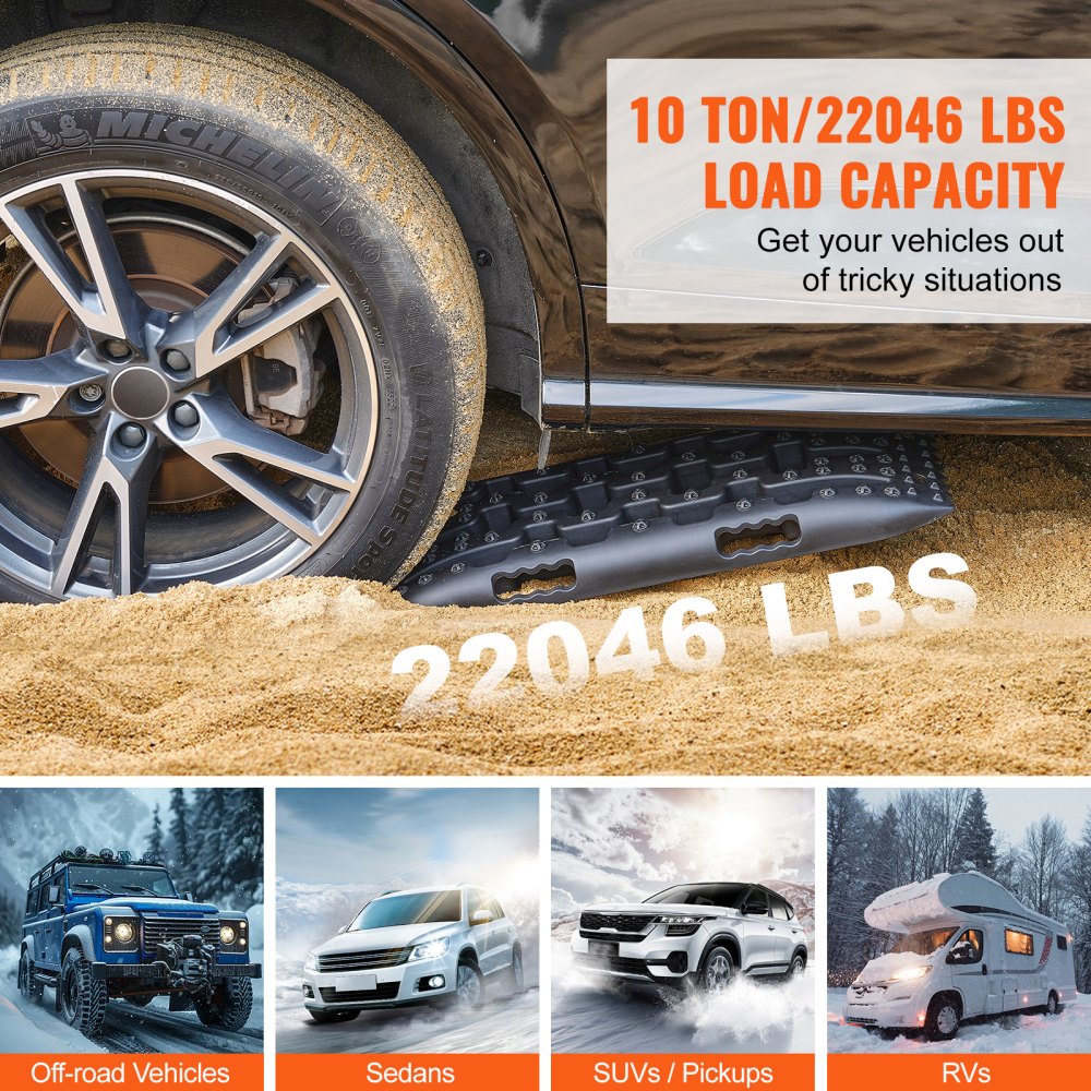 VEVOR 10 TON Deski trakcyjne z materiału PP, deski ratunkowe do quadów/samochodów/pickupów/SUV-ów/kamperów, para mat trakcyjnych na opony na śniegu, piasku, błocie i luźnych nawierzchniach, torba do przechowywania, krótka, czarna