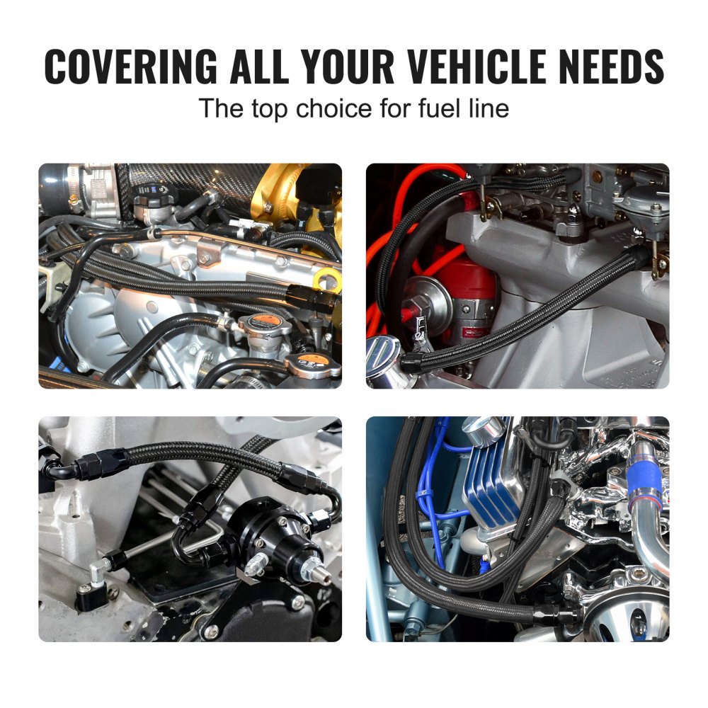 Zestaw przewodów paliwowych VEVOR 6-AN, zestaw przewodów paliwowych o długości 762 cm, zestaw końcówek przewodów paliwowych 5/16" z nylonu i stali nierdzewnej w oplocie, do oleju/gazu/oleju napędowego, 15-częściowy zestaw adapterów obrotowych