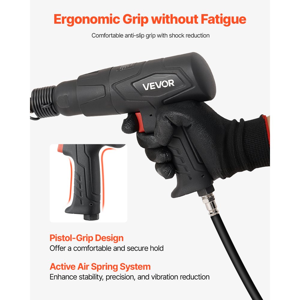VEVOR Air Hammer, 2500-2700BPM Pneumatic Hammer with 70mm Stroke & 4PCS 170mm Long Barrel Chisels, Pistol-Grip Compact Air Chisel Pneumatic Shovel Tool for Cutting Scraping Demolishing
