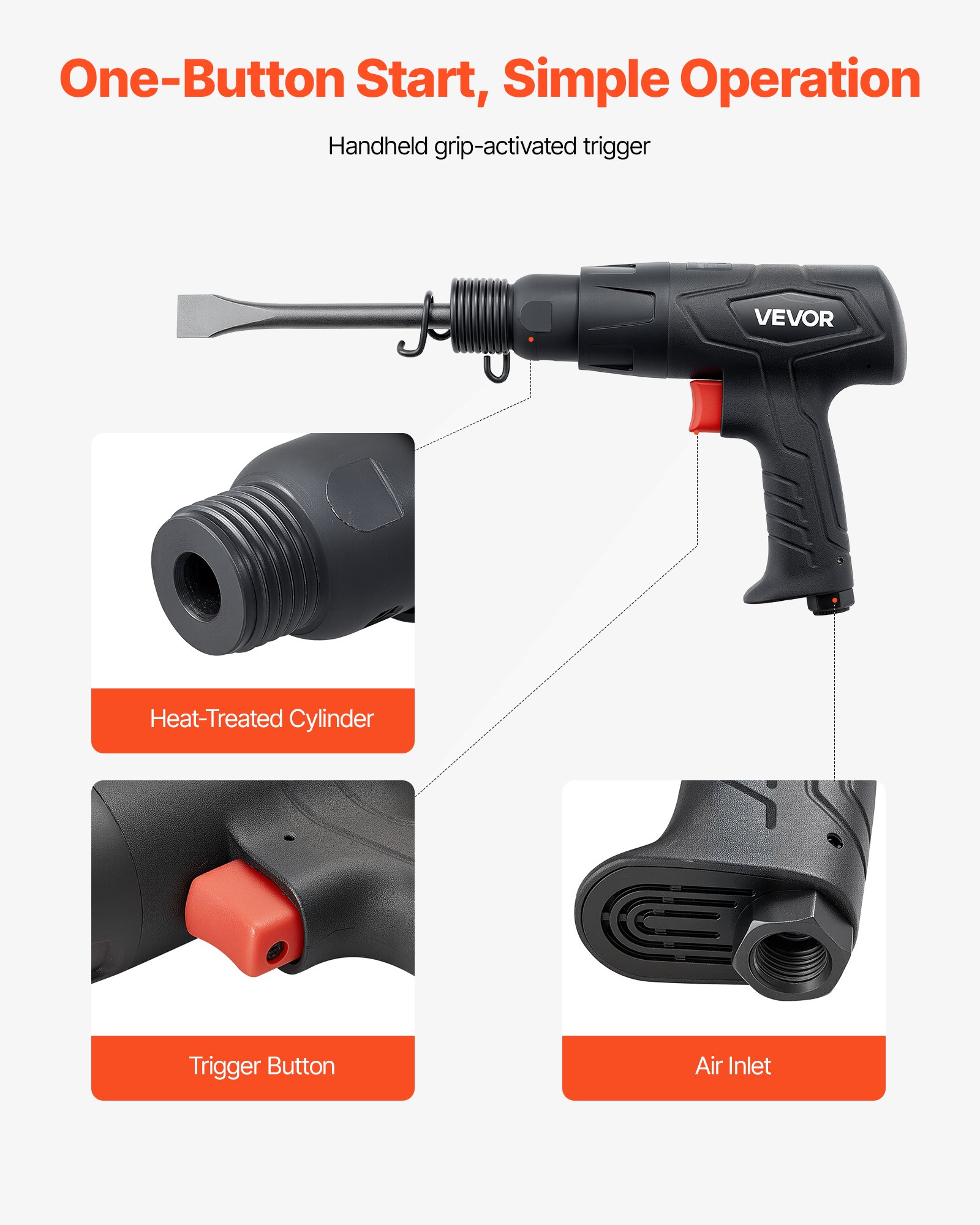 VEVOR Air Hammer, 2500-2700BPM Pneumatic Hammer with 70mm Stroke & 4PCS 170mm Long Barrel Chisels, Pistol-Grip Compact Air Chisel Pneumatic Shovel Tool for Cutting Scraping Demolishing