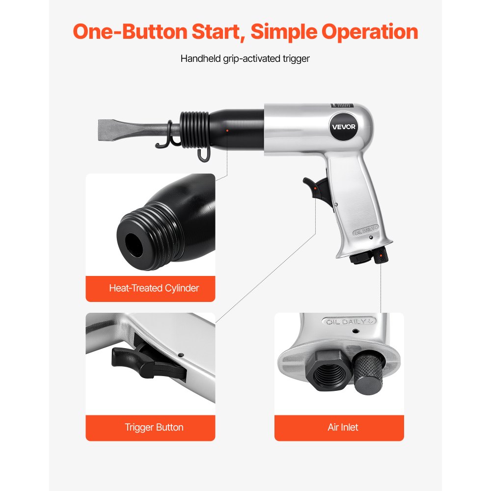 VEVOR Air Hammer, 3500BPM Pneumatic Hammer with 70mm Stroke & 4PCS Chisels Round Shank, Pistol-Grip Compact Air Chisel Pneumatic Shovel Tool for Cutting Punching Scraping