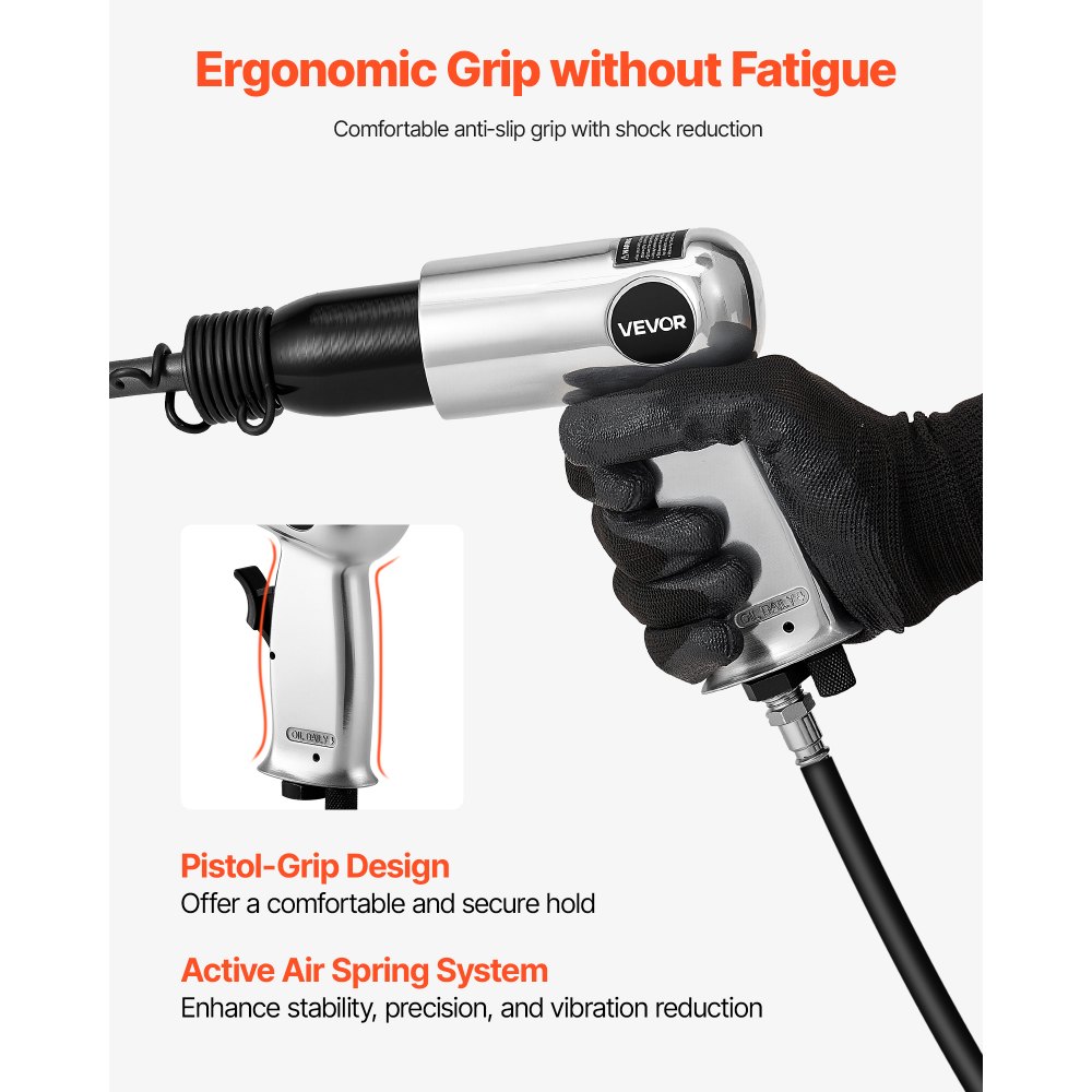 VEVOR Air Hammer, 3500BPM Pneumatic Hammer with 70mm Stroke & 4PCS Chisels Round Shank, Pistol-Grip Compact Air Chisel Pneumatic Shovel Tool for Cutting Punching Scraping