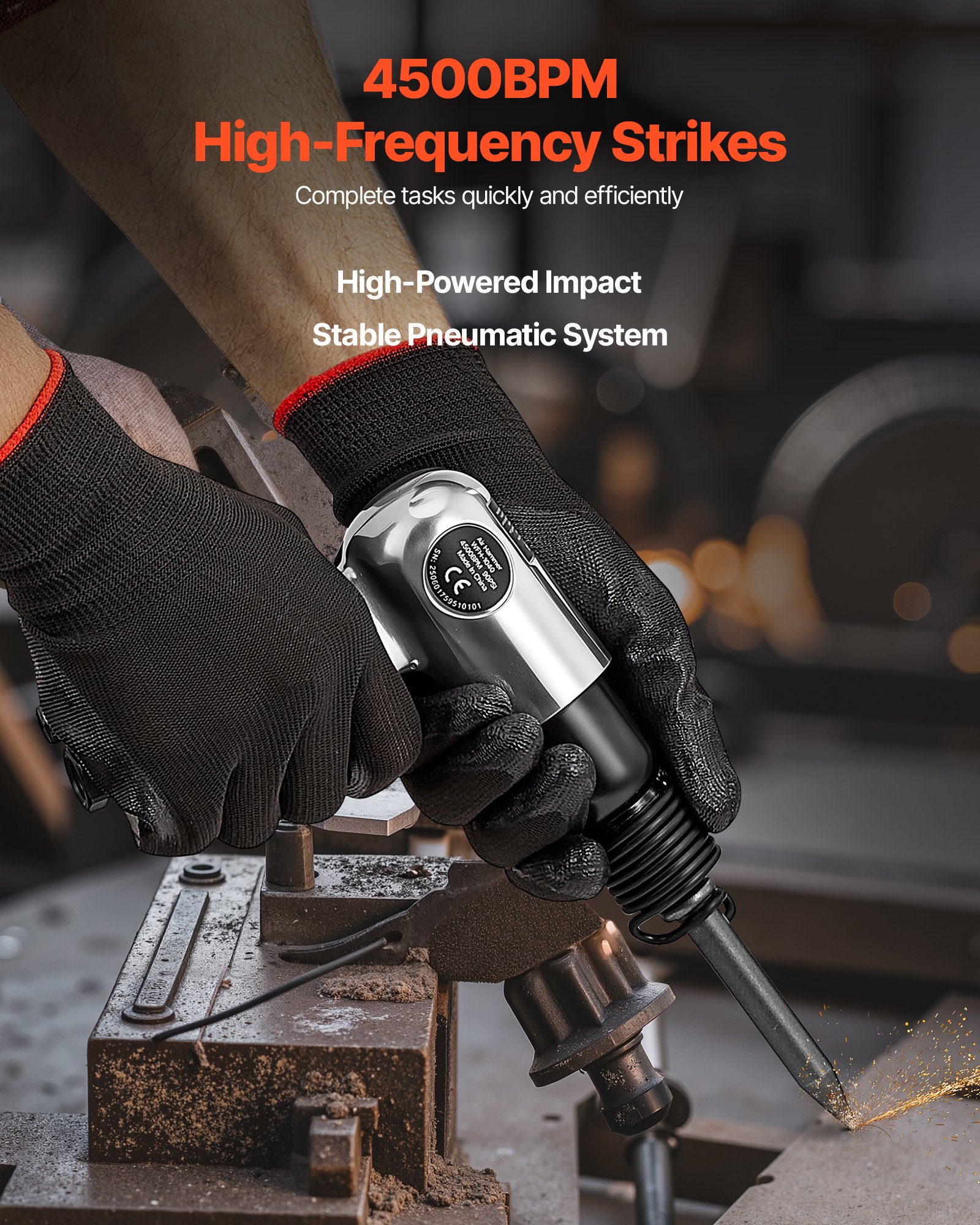 VEVOR Air Hammer, 4500BPM Pneumatic Hammer with 40mm Stroke & 4PCS Chisels Round Shank, Lightweight & Compact Air Chisel Pneumatic Shovel Tool for Cutting Punching Scraping