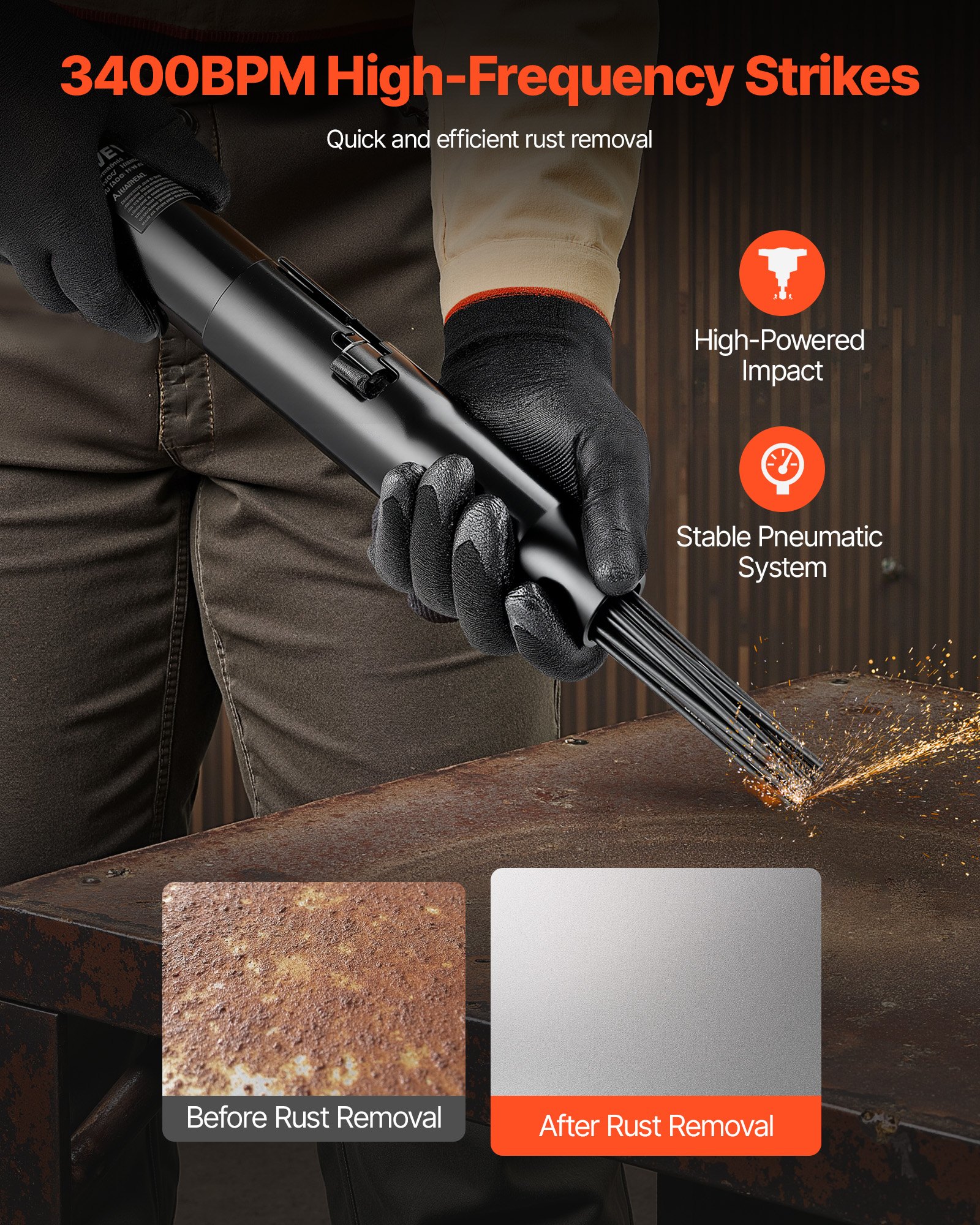VEVOR Pneumatyczny skaler igłowy, 3400 uderzeń na minutę, prosta konstrukcja do usuwania rdzy i farby – z 19 utwardzonymi igłami i 3-stopniową regulacją, narzędzie do usuwania rdzy dla mechaników samochodowych, hobbystów i entuzjastów majsterkowania