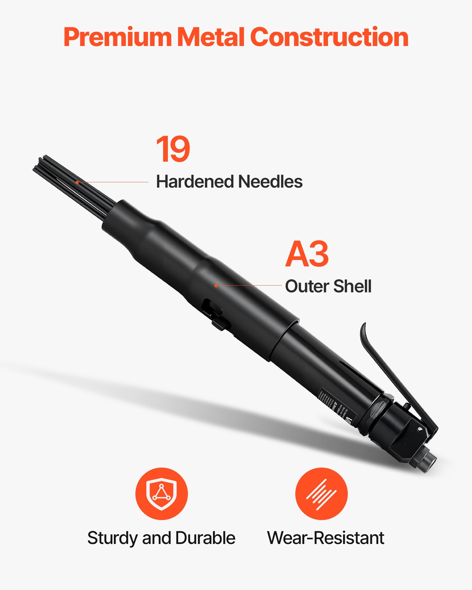 VEVOR Air Needle Scaler, 3400BPM Pneumatic Scaler for Rust Paint Removal - with 3-Speed Adjustment, 19 Hardened Needles & 3 Air Nozzle Connectors - Lightweight, Compact & Ergonomic Grip