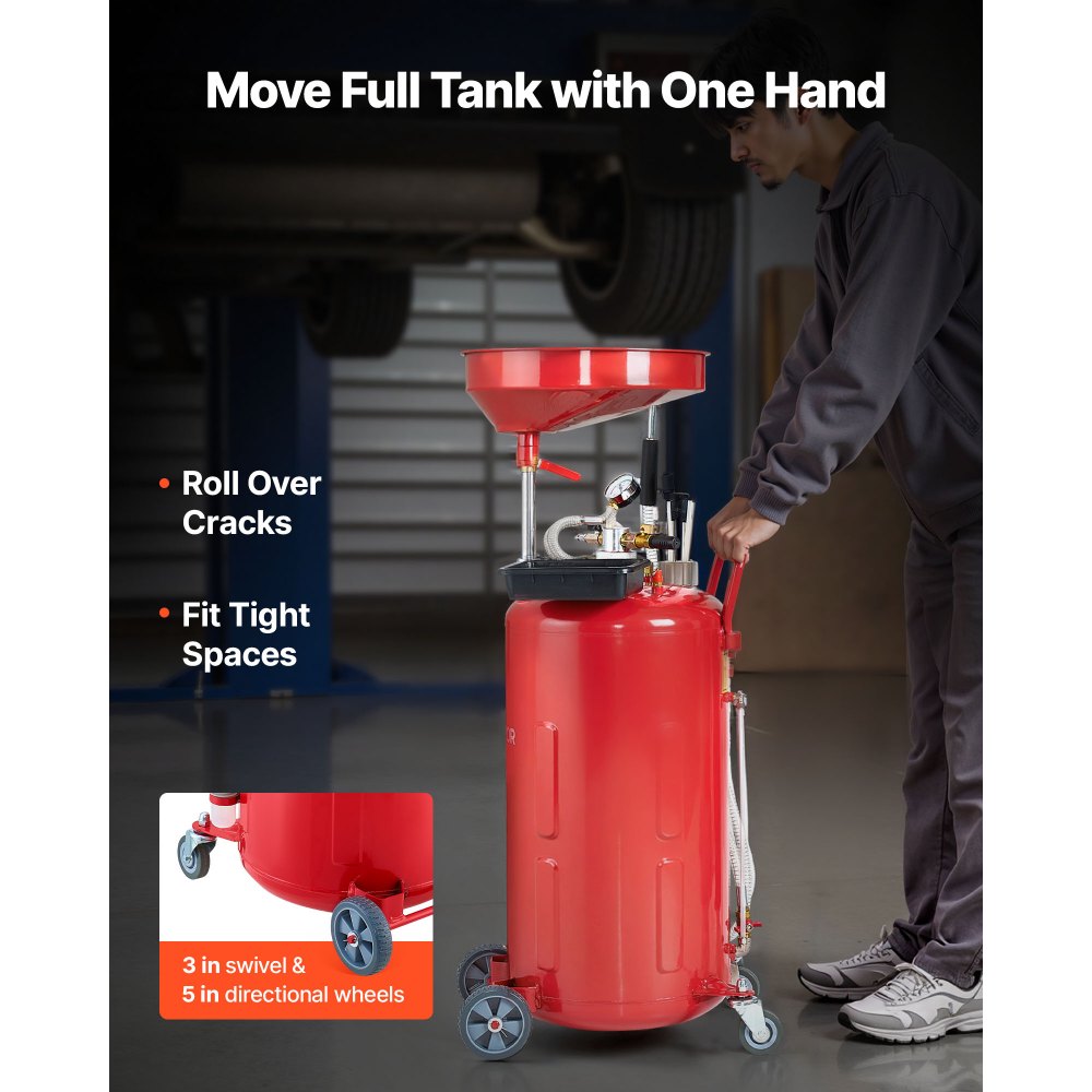 VEVOR 79.5L Waste Oil Drain Tank, Air Operated Portable Oil Drainer with Adjustable Funnel Height, Industrial Fluid Drain Tank with Wheels, Fluid Fuel Transfer Drainage for Auto Repair Shops, Red
