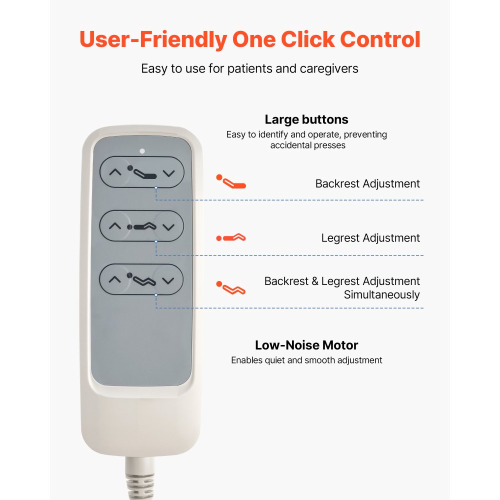 Łóżko szpitalne elektryczne VEVOR, łóżko szpitalne 2-funkcyjne z regulowanym oparciem i podnóżkiem, kółka 12,7 cm i materac piankowy do opieki domowej, domów opieki i szpitali, maks. 250 kg