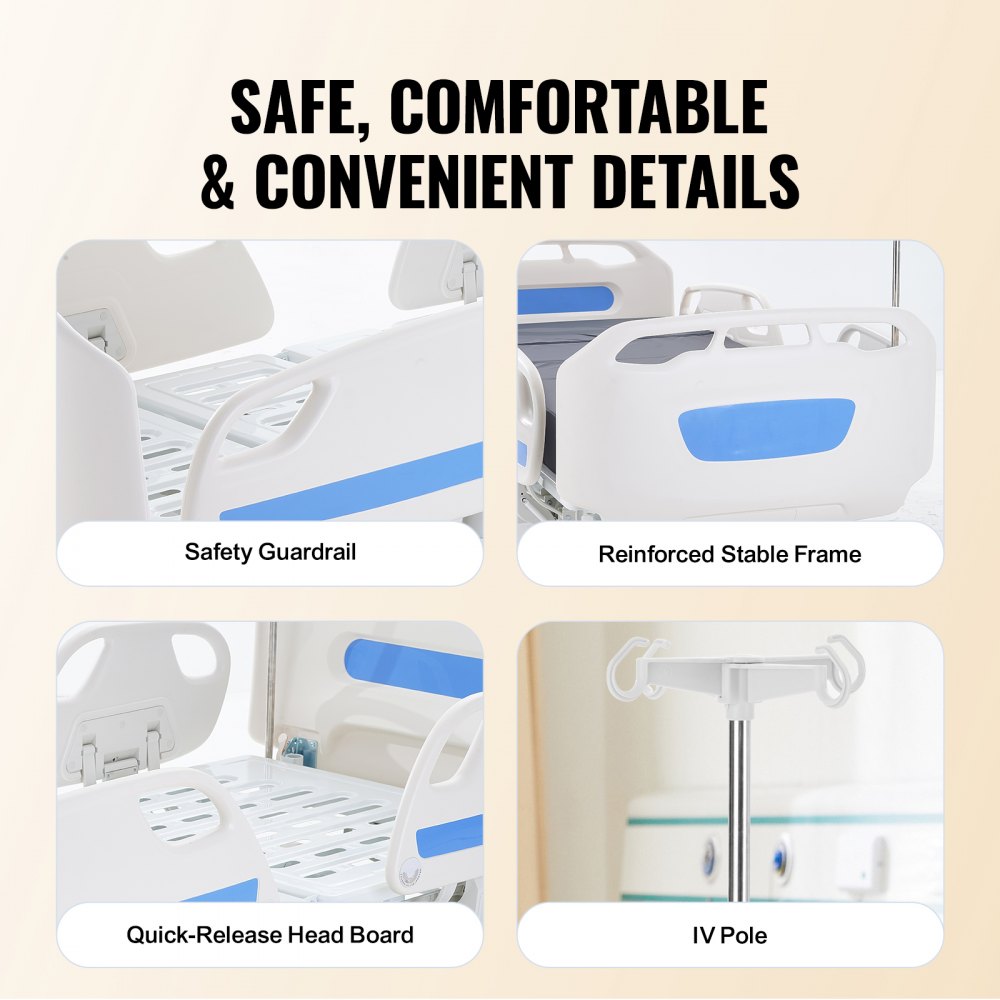 Łóżko szpitalne VEVOR Premium 5-funkcyjne, w pełni elektryczne łóżko na oddział intensywnej terapii medycznej z pozycjami Trendelenburga i odwrotnego Trendelenburga, 5-calowe kółka z blokadą, stojak na kroplówki do użytku domowego w szpitalu, nośność 550 funtów