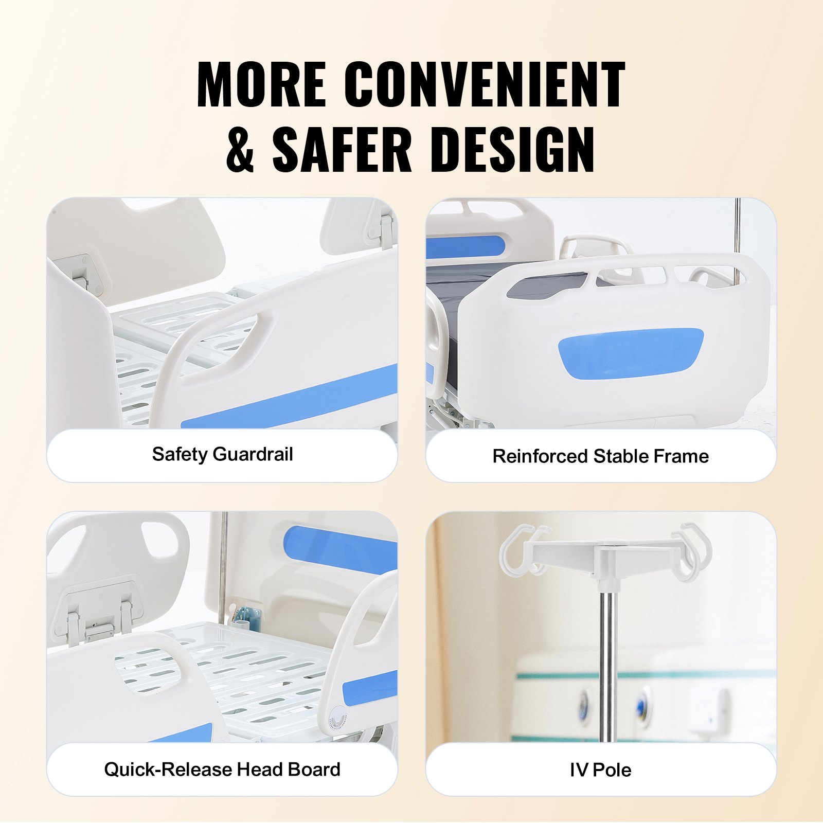 VEVOR Premium 5-Function Hospital Bed, Fully Electric Medical Intensive Care Bed with Trendelenburg and Reverse Trendelenburg Positioning, 5-Inch Locking Casters, IV Stand for Home Hospital Use, 550 Pound Weight Capacity