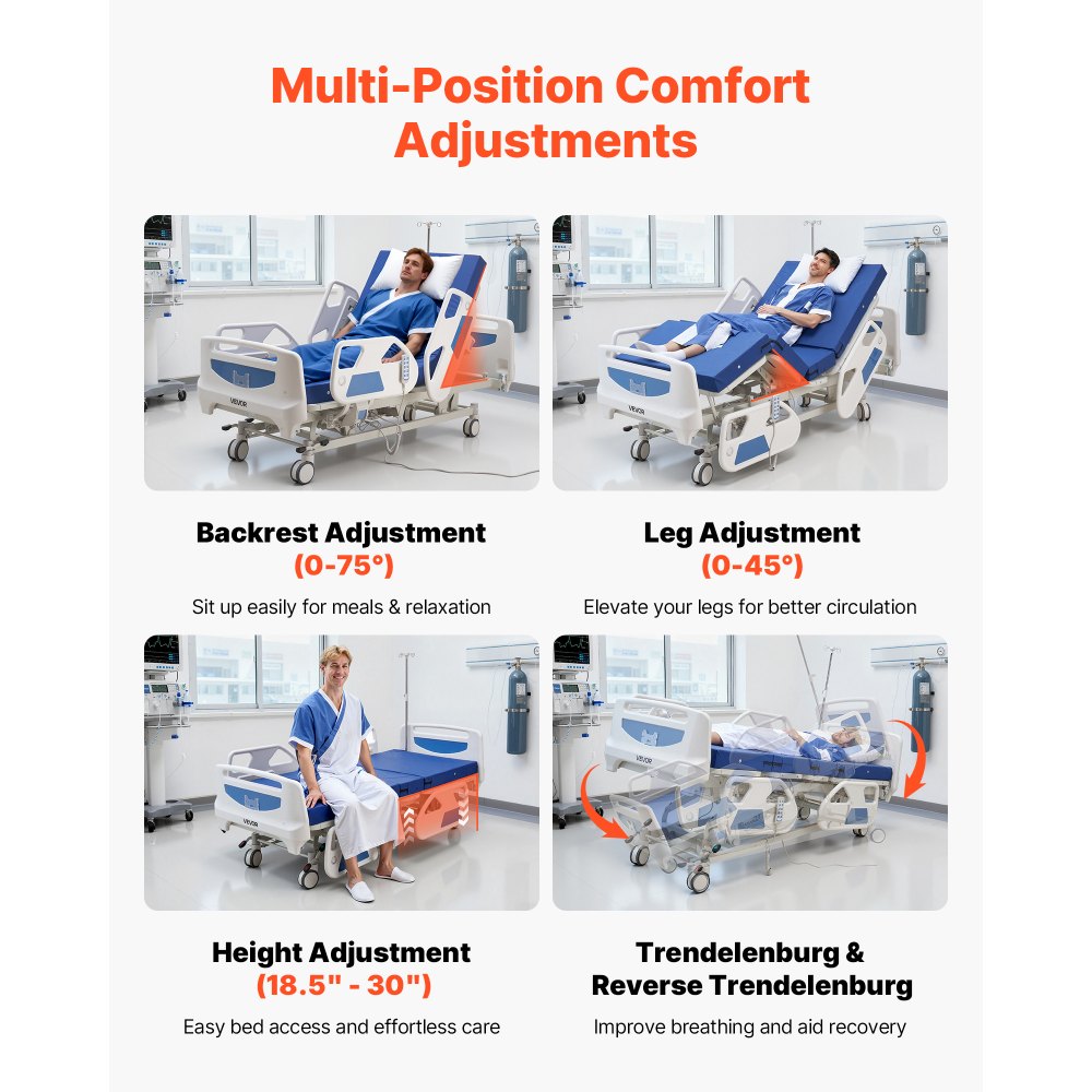 VEVOR Premium 5 Function Full Electric Hospital Bed, Electric Medical Bed with Trendelenburg & Reverse Trendelenburg and Central Locking System with 127mm Casters for Home Hospital, 250kg Loading