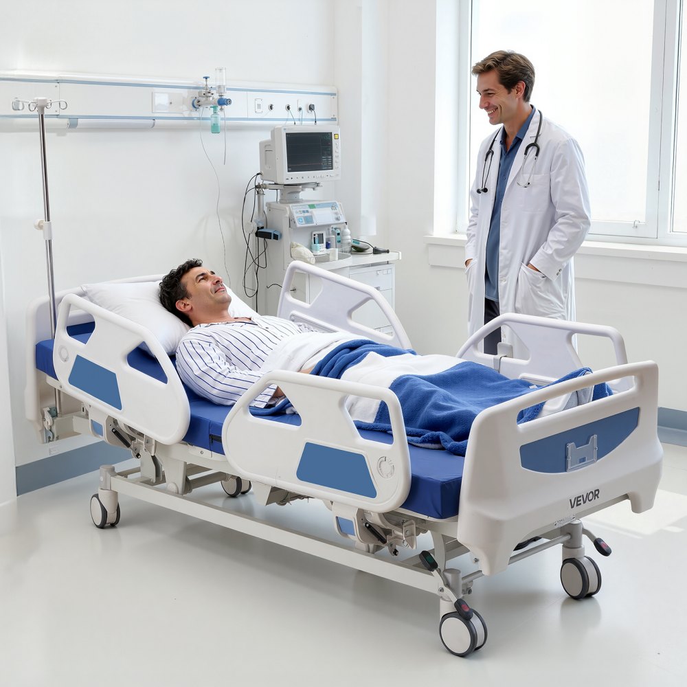 VEVOR Premium 5 Function Full Electric Hospital Bed, Electric Medical Bed with Trendelenburg & Reverse Trendelenburg and Central Locking System with 127mm Casters for Home Hospital, 250kg Loading