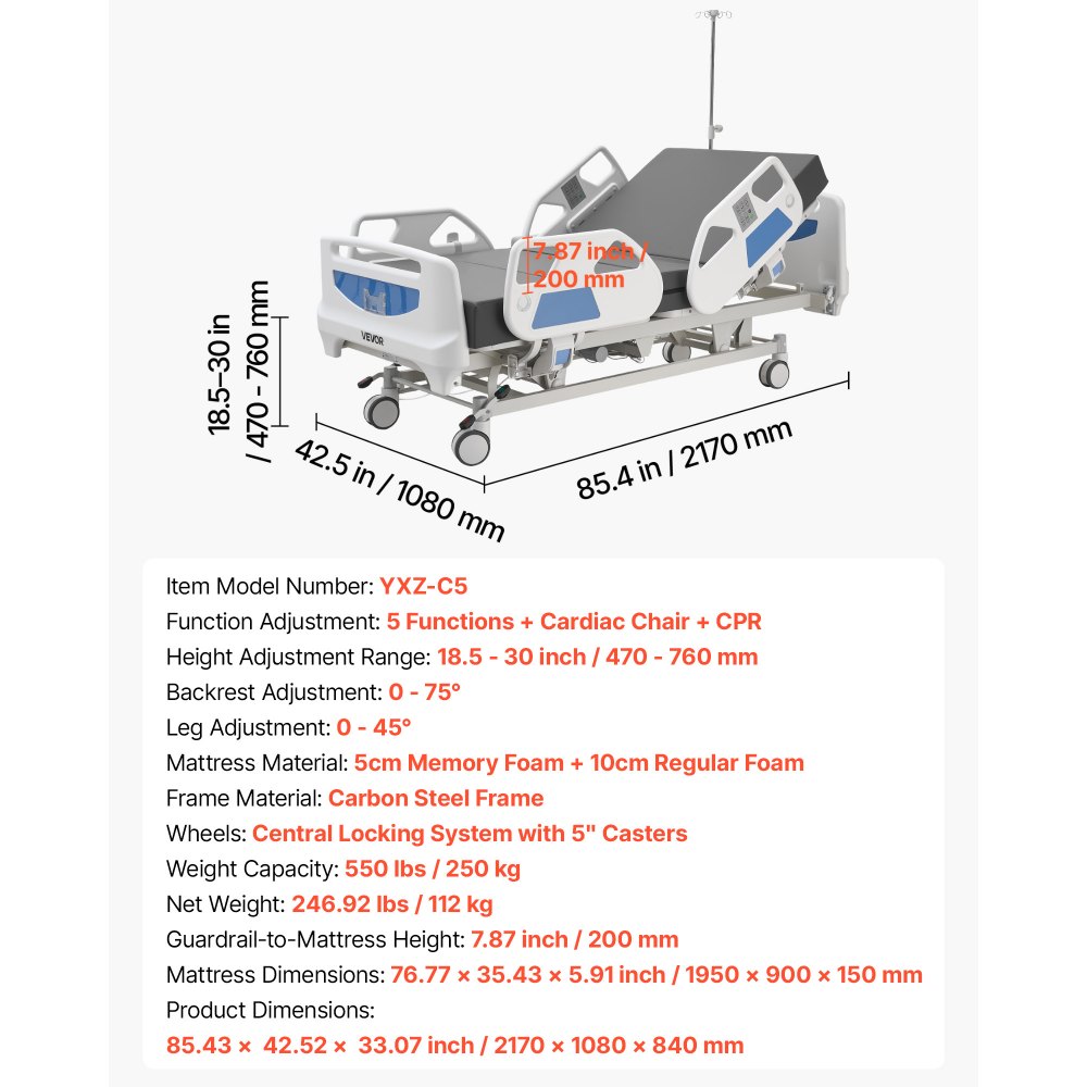 VEVOR Premium 5 Function Full Electric Hospital Bed, Electric Medical Bed with Cardiac Chair, CPR, Trendelenburg & Reverse Trendelenburg, Central Locking System with 127mm Casters for Home Hospital