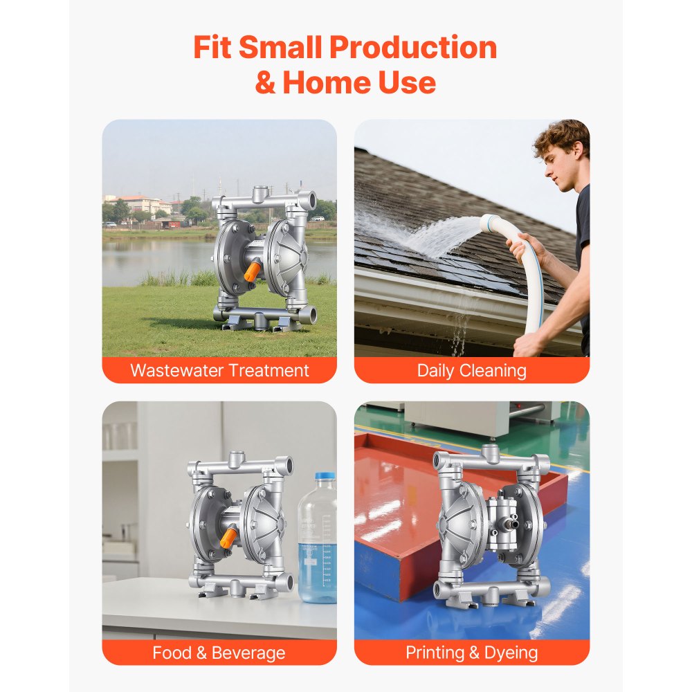 Pompa pneumatyczna z podwójną membraną VEVOR, 25 l/min, wlot i wylot 3/8 cala, pneumatyczna pompa do przepompowywania zużytego oleju, maks. 100 PSI, obudowa ze stopu aluminium, do oleju napędowego, smaru, nafty, benzyny