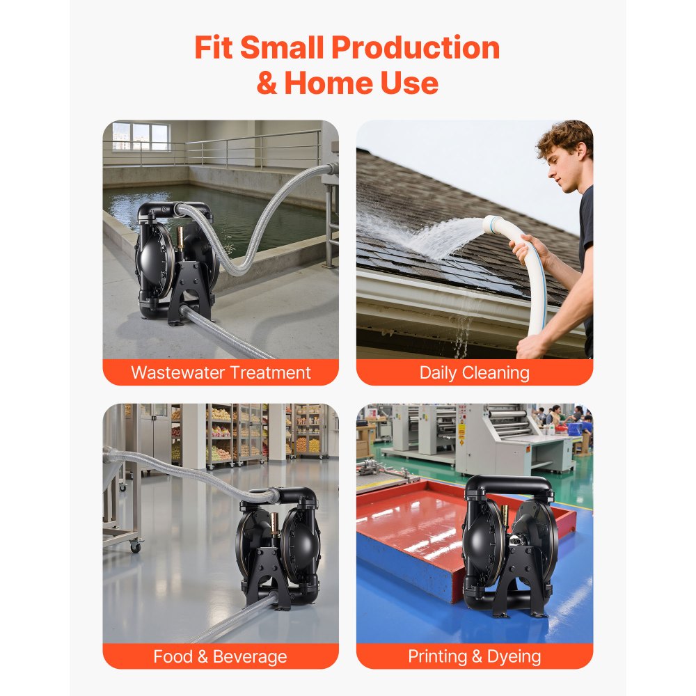 Pompa pneumatyczna z podwójną membraną VEVOR, 132 l/min, wlot i wylot 25,4 mm, pneumatyczna pompa do przepompowywania zużytego oleju, maks. 114 PSI, obudowa ze stopu aluminium, do oleju napędowego, smaru, nafty, benzyny i oleju