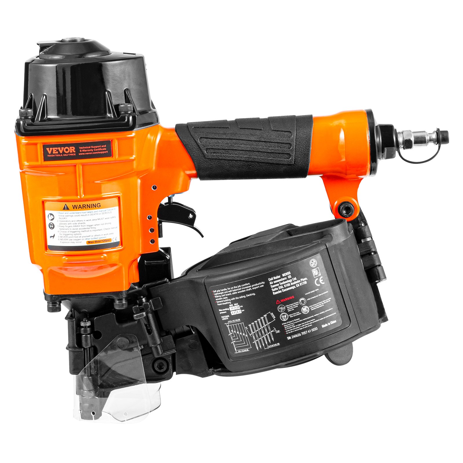 VEVOR Coil Cladding Nailer MCN55, 1 inch to 2 1/4 inch 15 degree pneumatic cladding nailer, 70-120 PSI air coil nailer for cladding, pallet wrapping, fences, decking