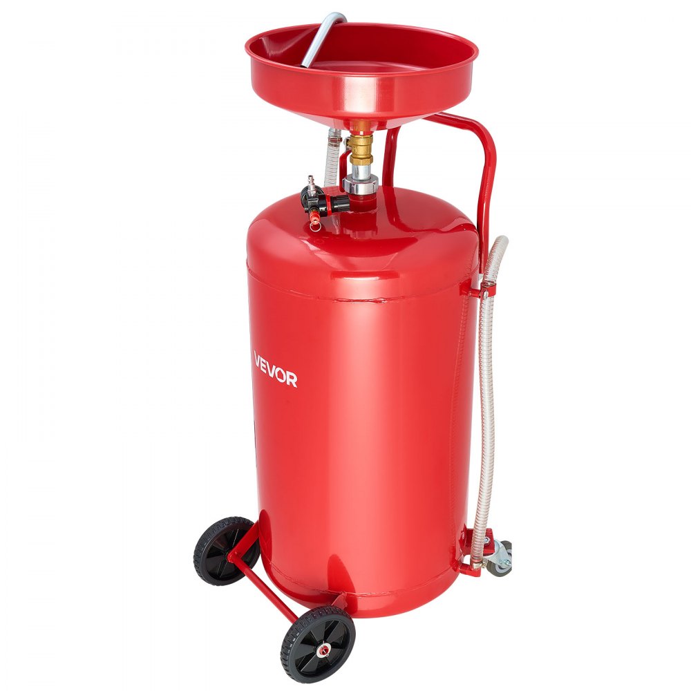 VEVOR 95L Waste Oil Drain Tank, Air Operated Portable Oil Drainer with Adjustable Funnel Height, Industrial Fluid Drain Tank with Wheels, Fluid Fuel Transfer Drainage for Auto Repair Shops, Red