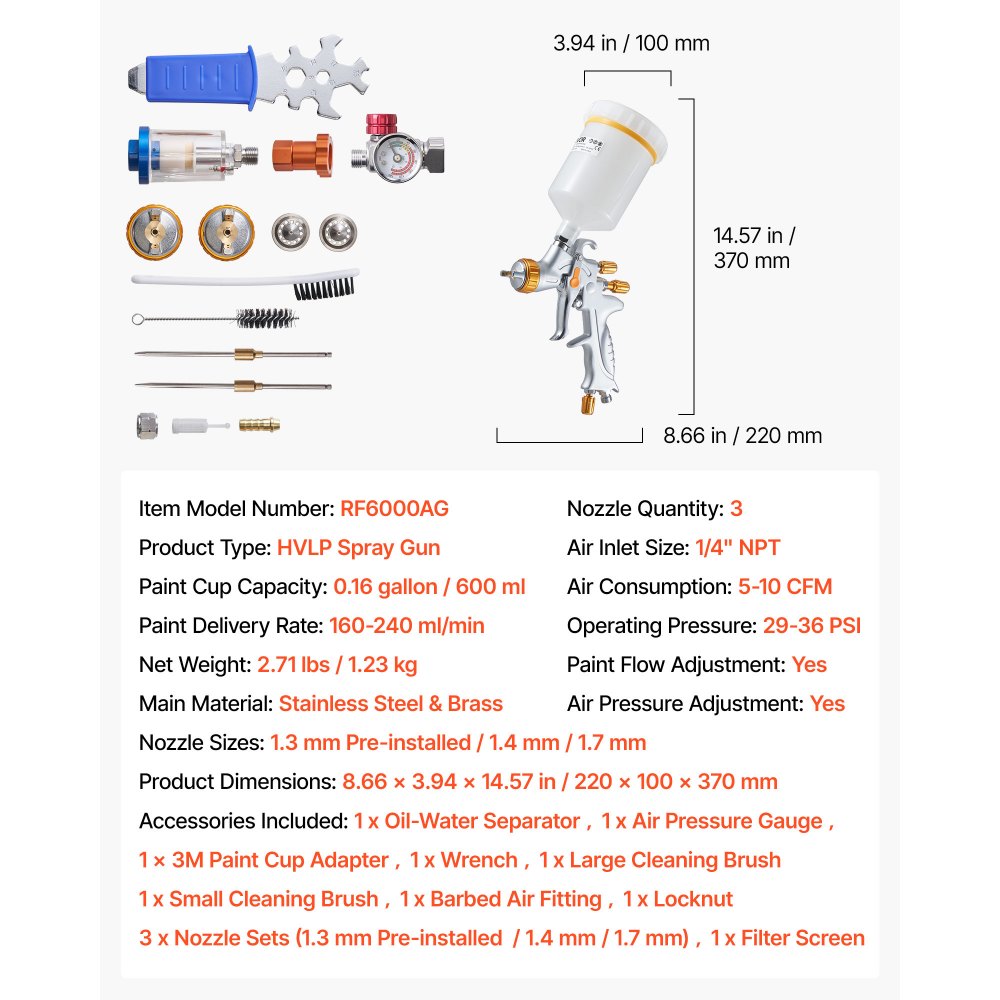 VEVOR HVLP Air Spray Gun, Gravity Feed Paint Sprayer Gun with 3 Nozzles (1.3/1.4/1.7mm), 600ml Capacity Auto Paint Sprayer with Air Regulator for Automotive Primers, Clear Coats & Topcoats