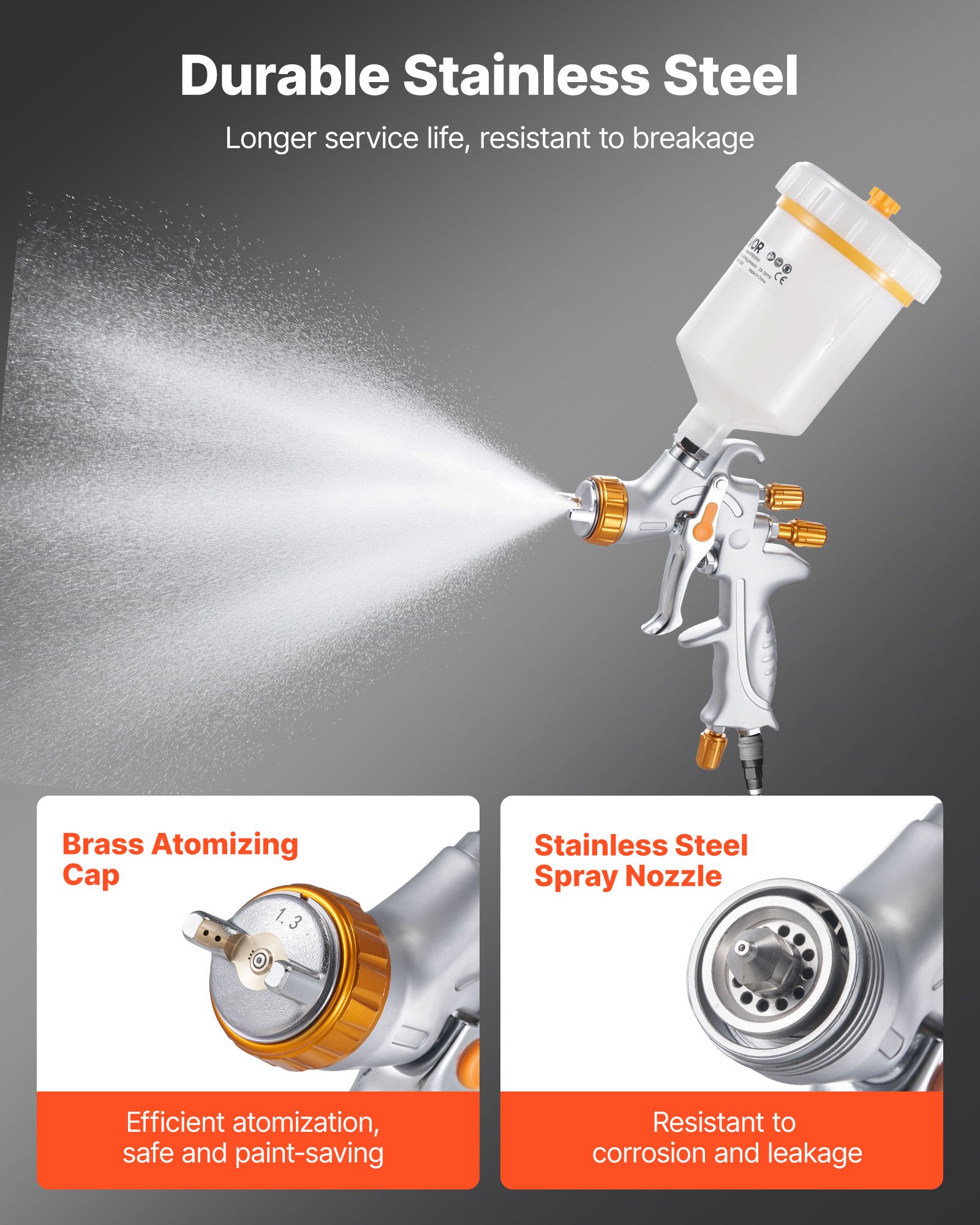 VEVOR HVLP Air Spray Gun, Gravity Feed Paint Sprayer Gun with 3 Nozzles (1.3/1.4/1.7mm), 600ml Capacity Auto Paint Sprayer with Air Regulator for Automotive Primers, Clear Coats & Topcoats