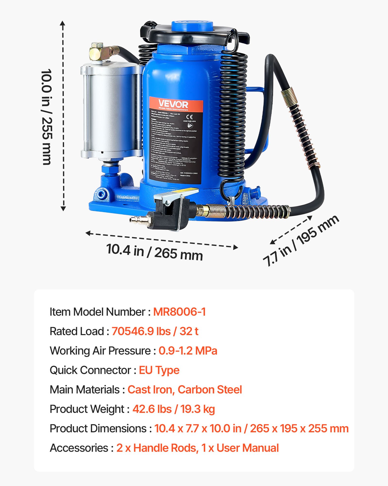 Podnośnik butelkowy pneumatyczny VEVOR, udźwig 32 t, zakres podnoszenia 255–415 mm, pneumatyczno-hydrauliczny/ręczny z pompą do SUV-ów, pickupów, kamperów, napraw samochodowych, niebieski